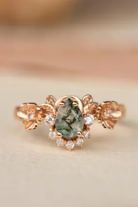 Pear moss agate engagement ring with half-halo diamond, rose gold flower proposal ring / Adelina