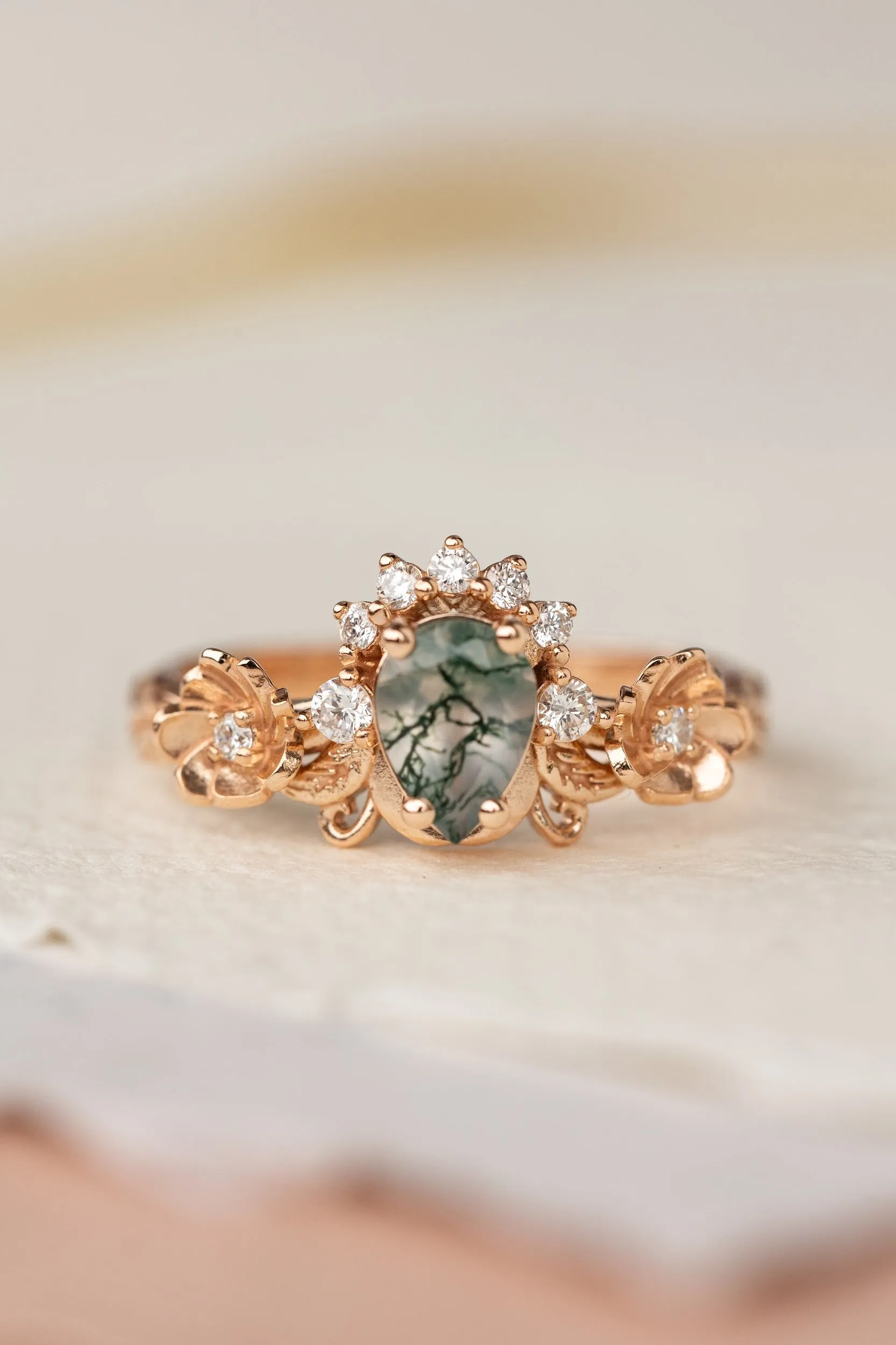 Pear moss agate engagement ring with half-halo diamond, rose gold flower proposal ring / Adelina