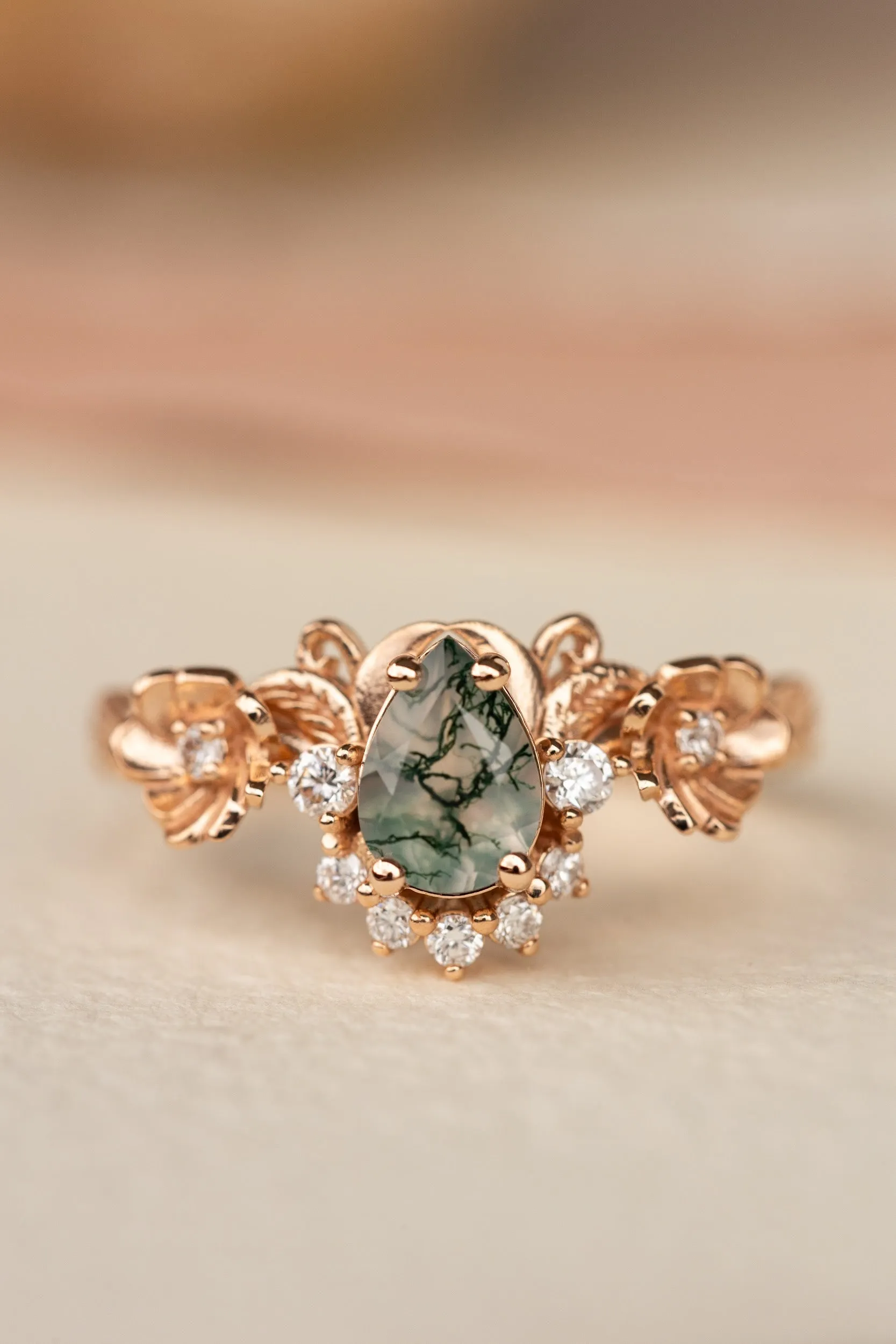 Pear moss agate engagement ring with half-halo diamond, rose gold flower proposal ring / Adelina