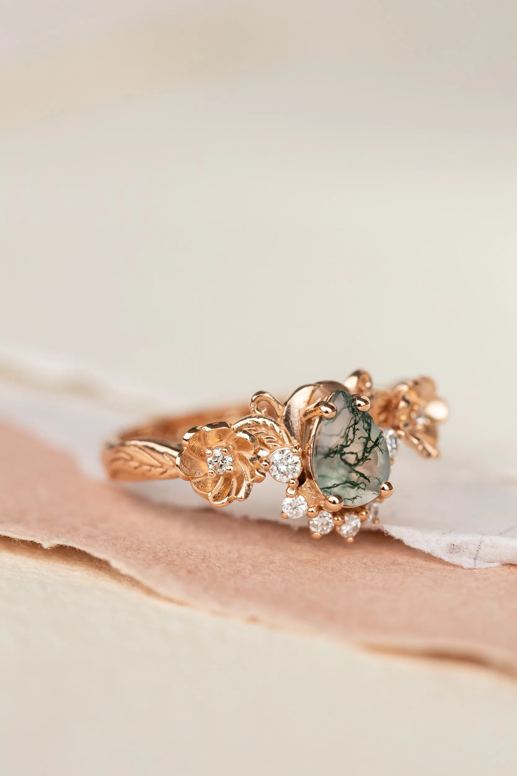 Pear moss agate engagement ring with half-halo diamond, rose gold flower proposal ring / Adelina