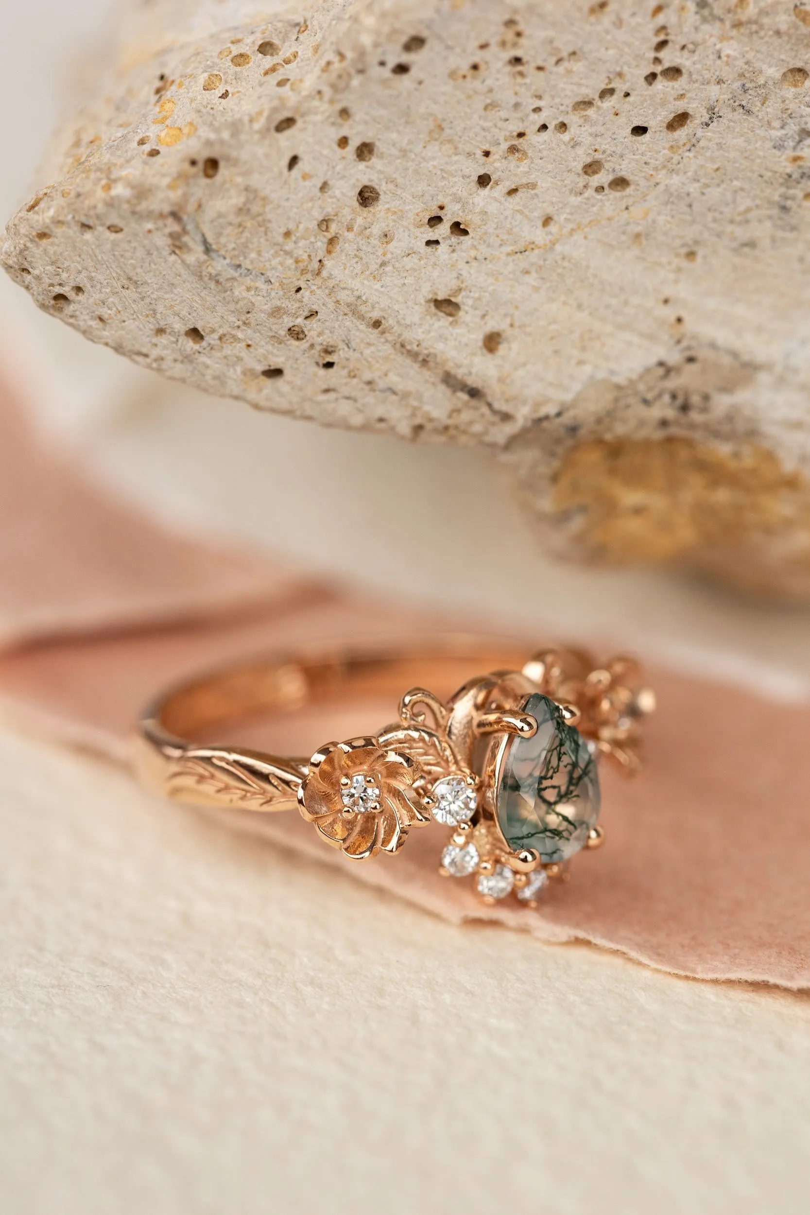 Pear moss agate engagement ring with half-halo diamond, rose gold flower proposal ring / Adelina