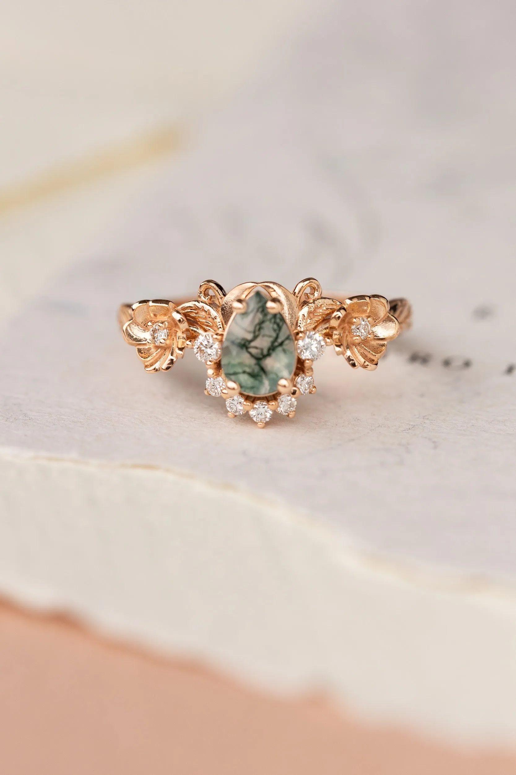 Pear moss agate engagement ring with half-halo diamond, rose gold flower proposal ring / Adelina