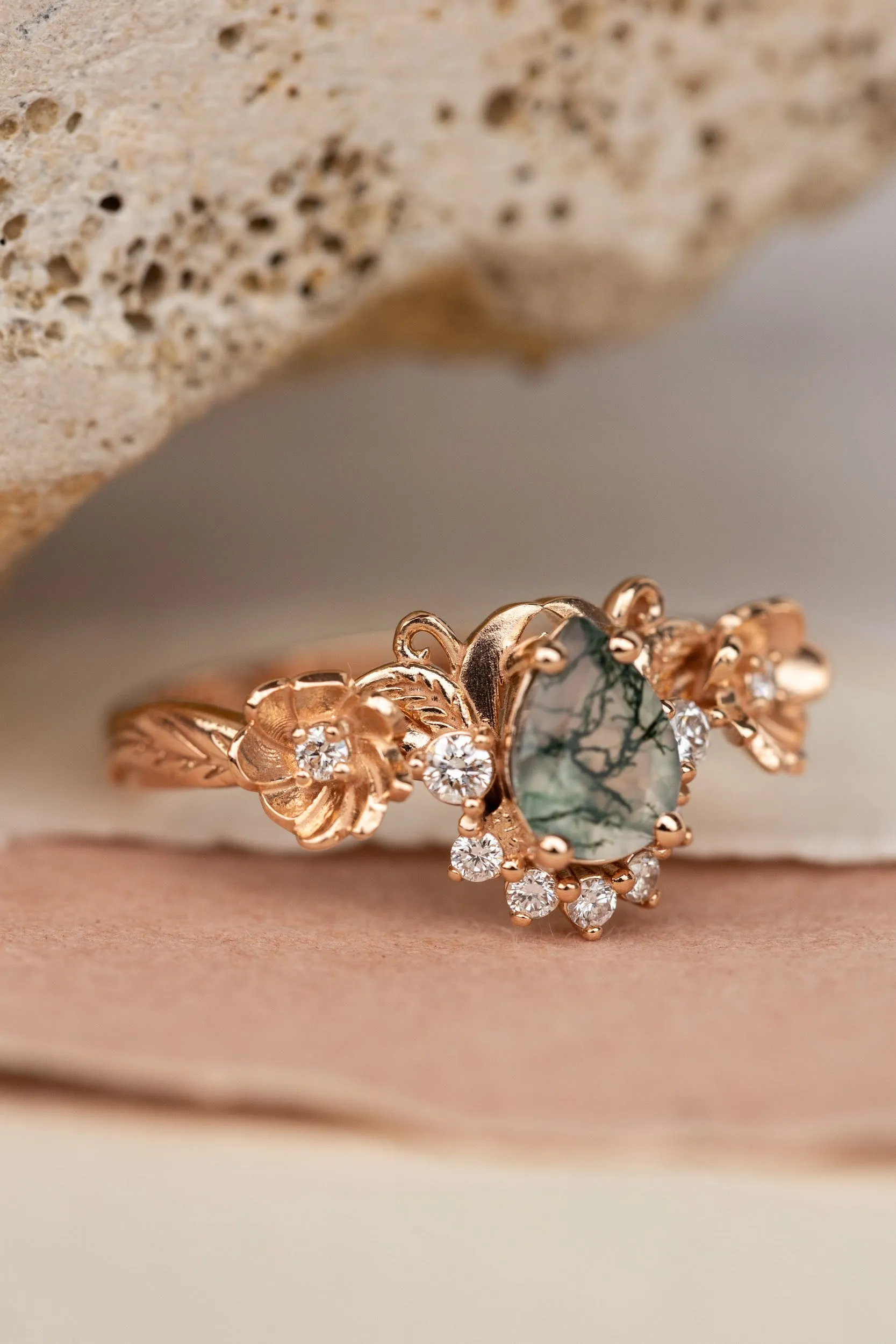 Pear moss agate engagement ring with half-halo diamond, rose gold flower proposal ring / Adelina