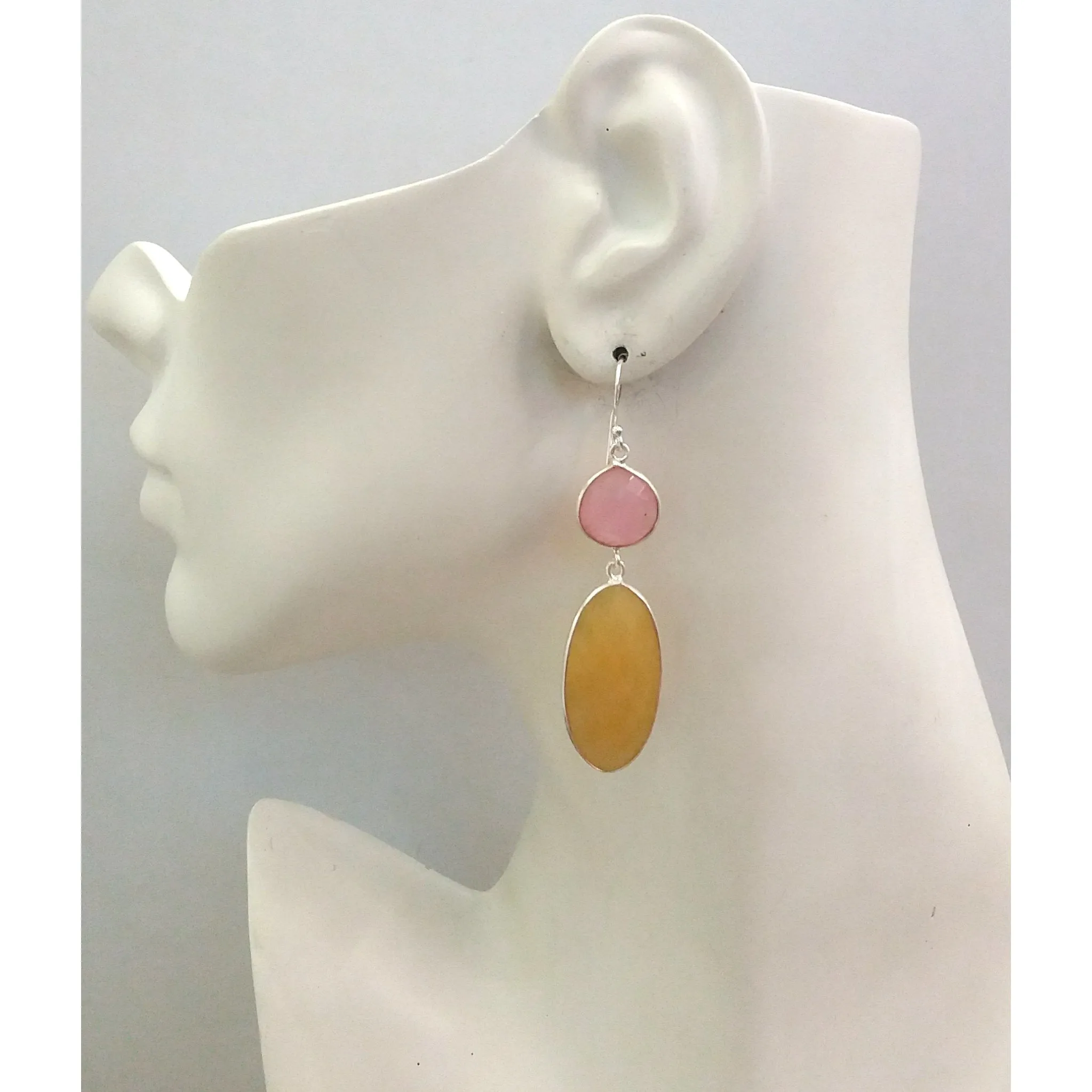 Pink Quartz and Yellow Chalcedony Double Drop Earrings