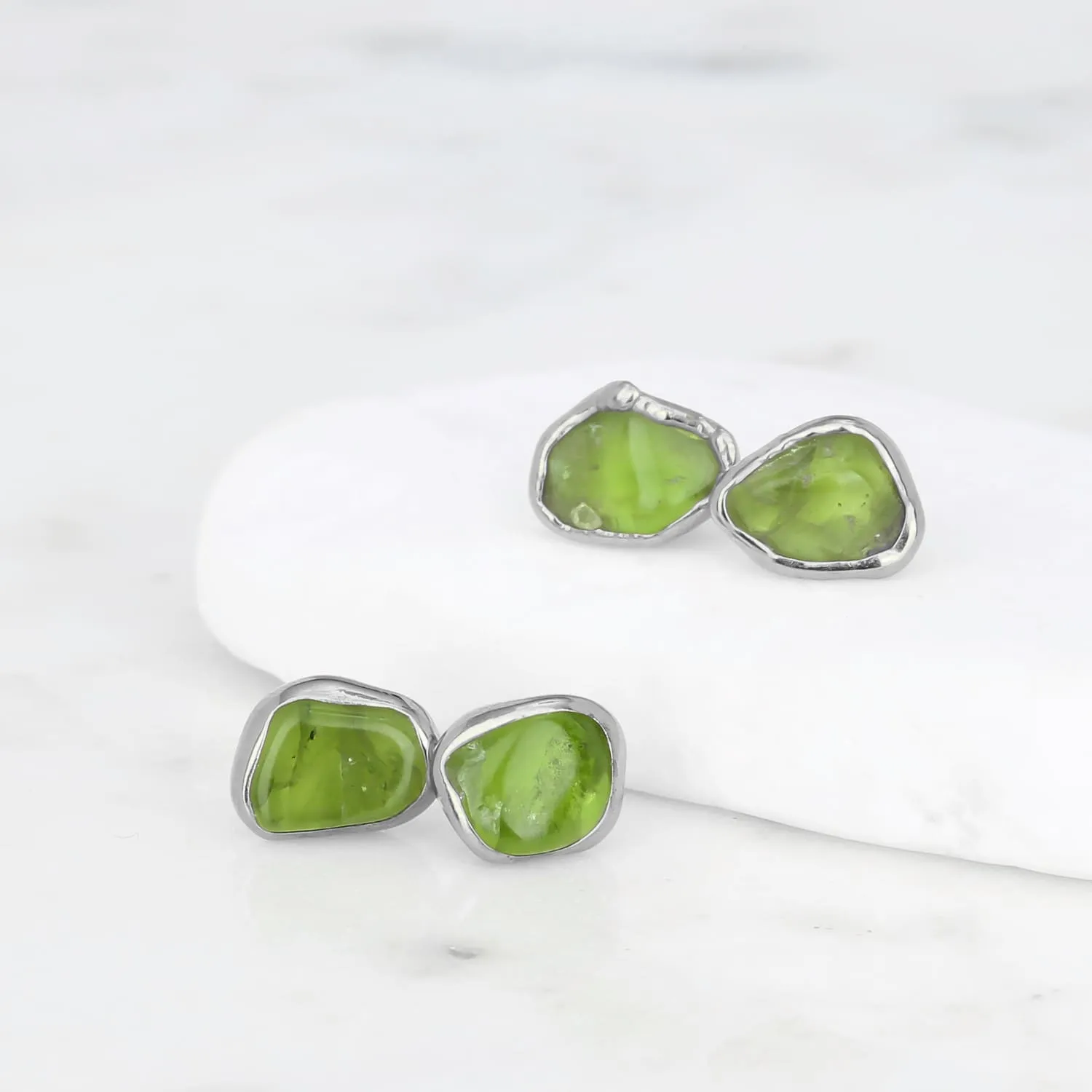 Raw Peridot Stud Earrings in Rose Gold