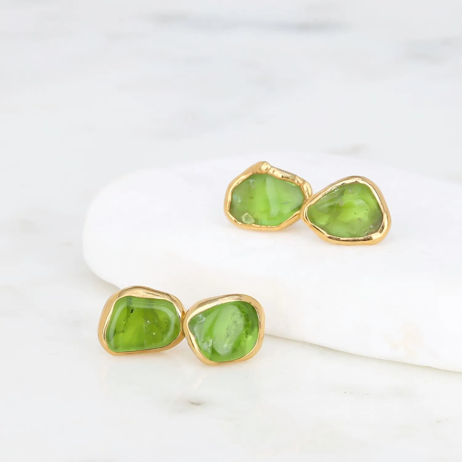 Raw Peridot Stud Earrings in Rose Gold