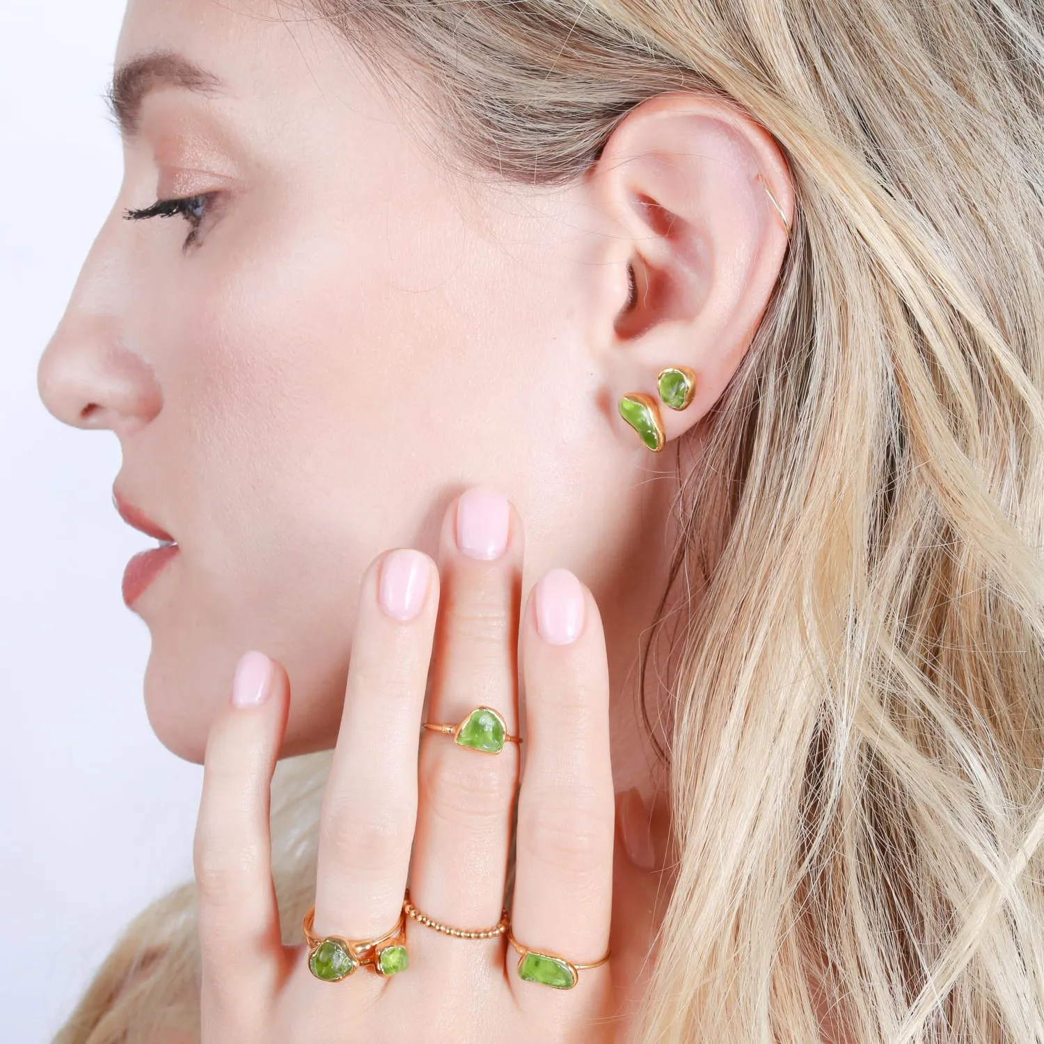 Raw Peridot Stud Earrings in Rose Gold