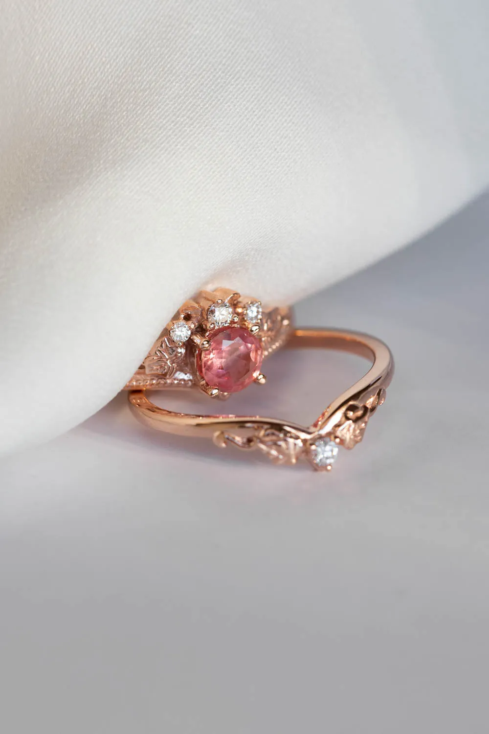 READY TO SHIP: Ariadne set in 14K rose gold, natural padparadscha colour sapphire round cut 5 mm, diamonds, RING SIZE 7 US