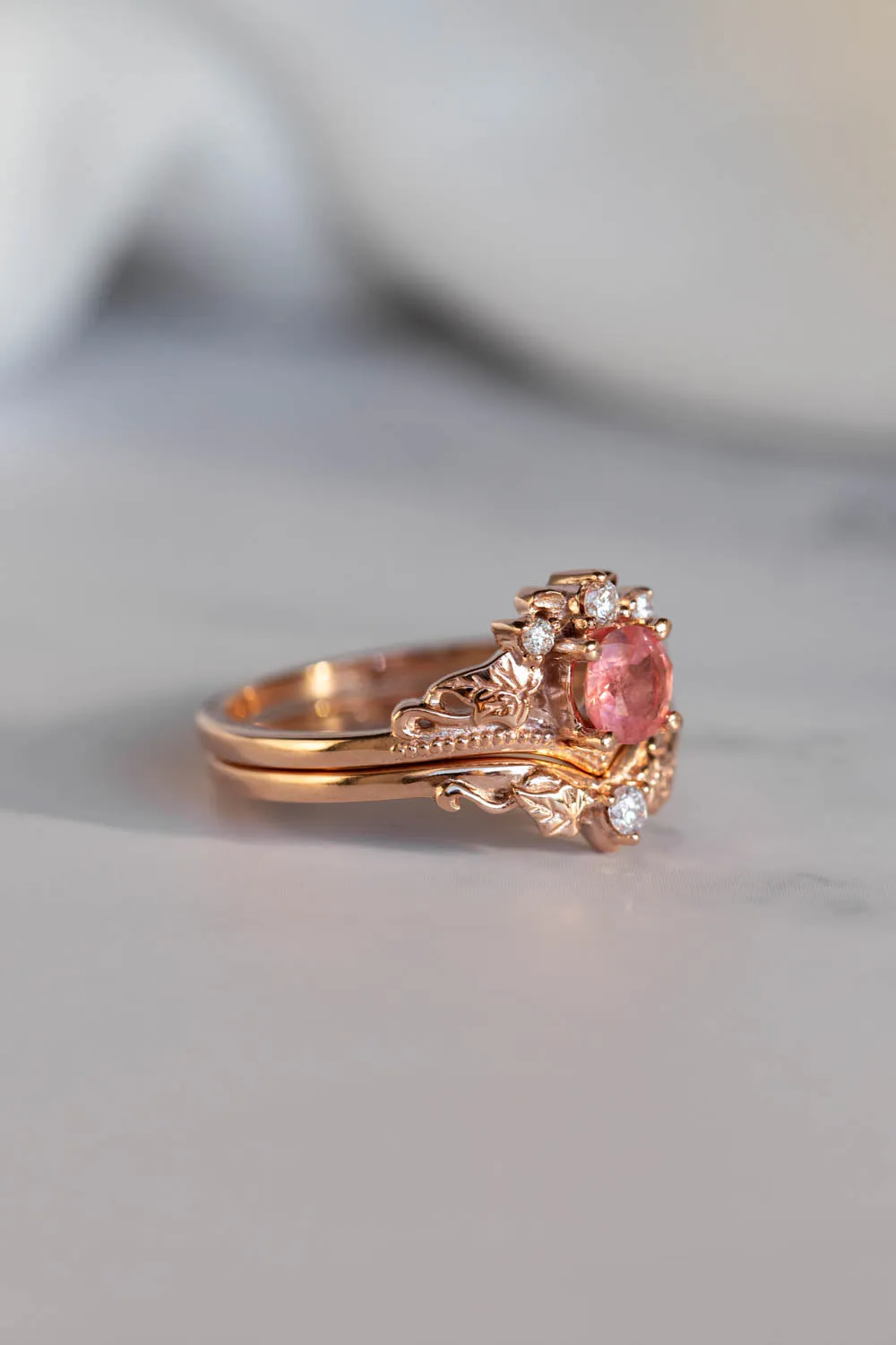 READY TO SHIP: Ariadne set in 14K rose gold, natural padparadscha colour sapphire round cut 5 mm, diamonds, RING SIZE 7 US