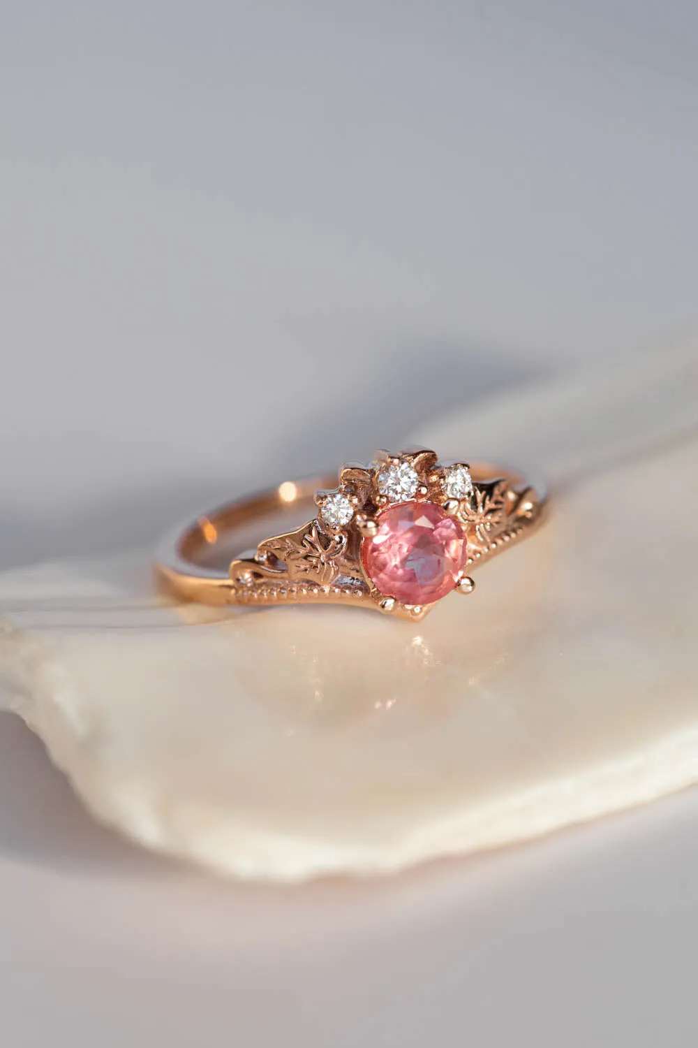 READY TO SHIP: Ariadne set in 14K rose gold, natural padparadscha colour sapphire round cut 5 mm, diamonds, RING SIZE 7 US