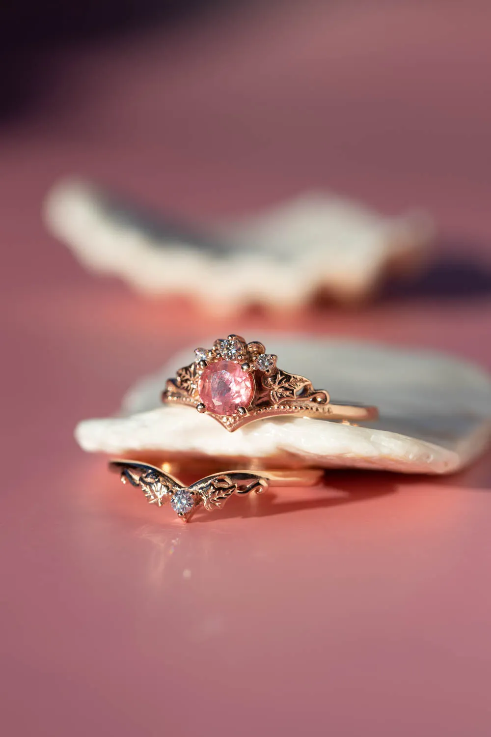 READY TO SHIP: Ariadne set in 14K rose gold, natural padparadscha colour sapphire round cut 5 mm, diamonds, RING SIZE 7 US