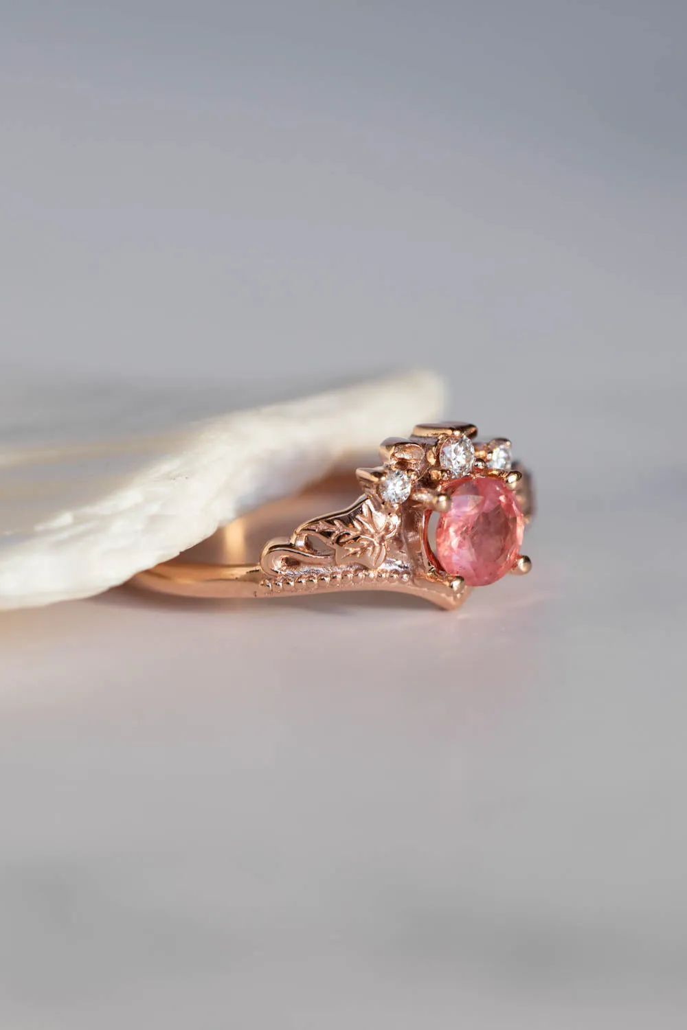 READY TO SHIP: Ariadne set in 14K rose gold, natural padparadscha colour sapphire round cut 5 mm, diamonds, RING SIZE 7 US