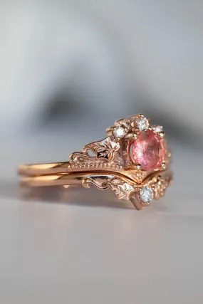 READY TO SHIP: Ariadne set in 14K rose gold, natural padparadscha colour sapphire round cut 5 mm, diamonds, RING SIZE 7 US