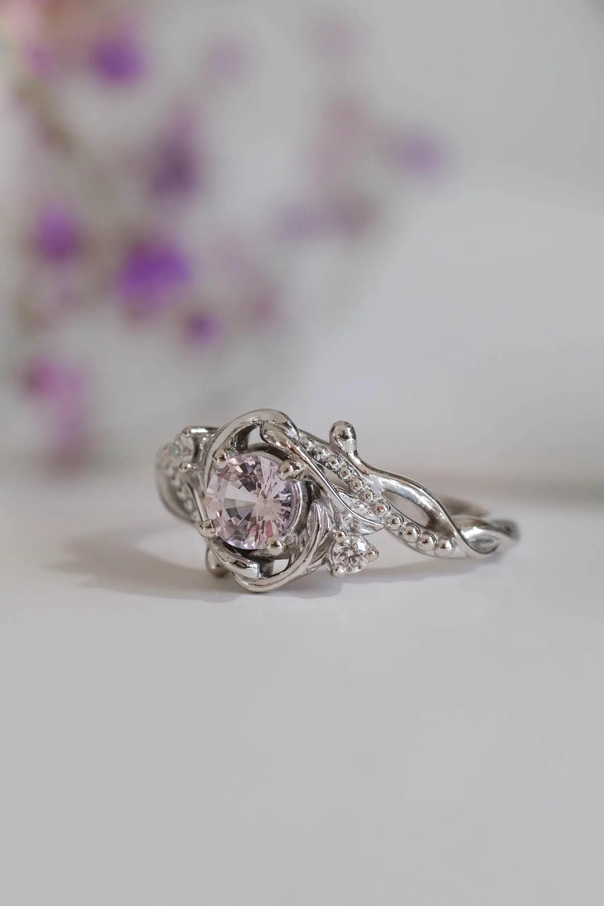 READY TO SHIP: Undina in 14K white gold, natural pink sapphire, 5 mm, moissanites, RING SIZE 7 US