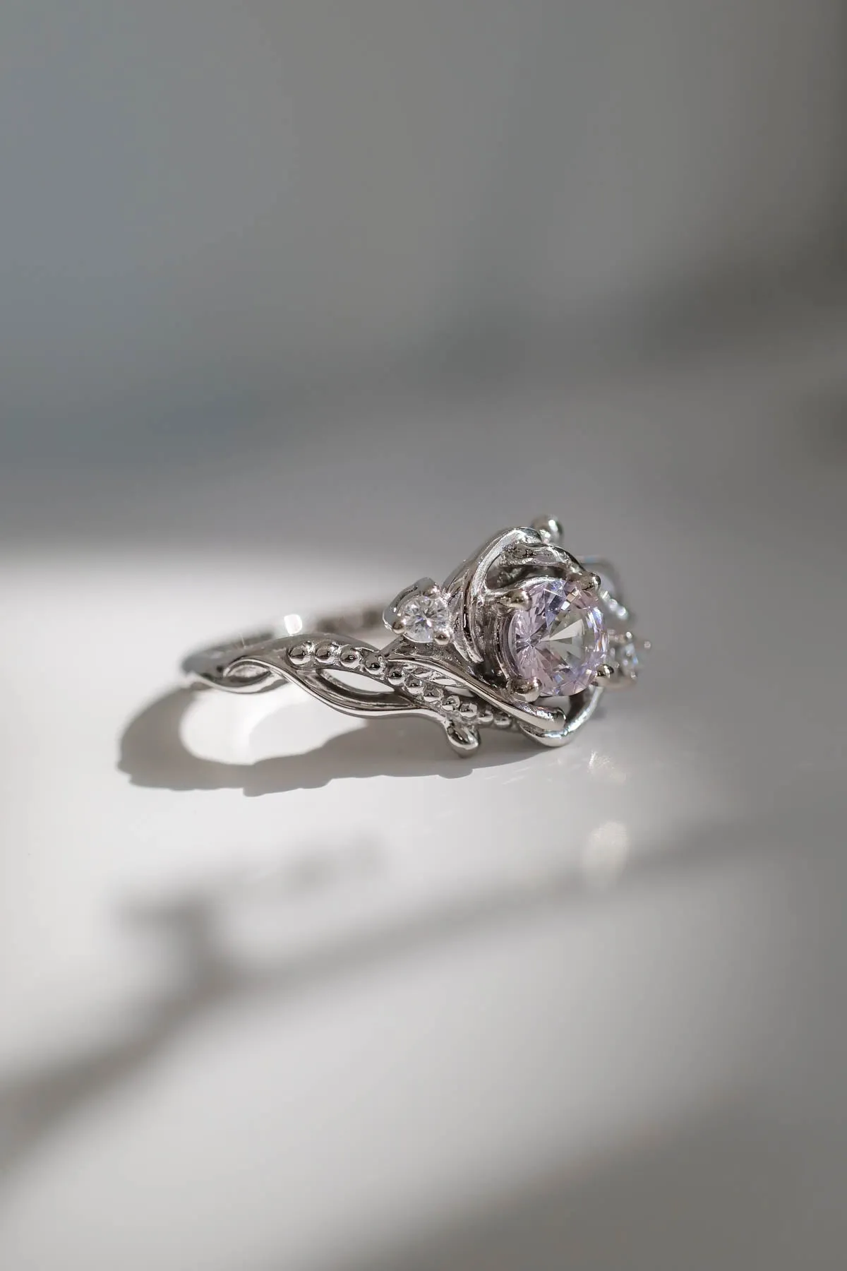 READY TO SHIP: Undina in 14K white gold, natural pink sapphire, 5 mm, moissanites, RING SIZE 7 US