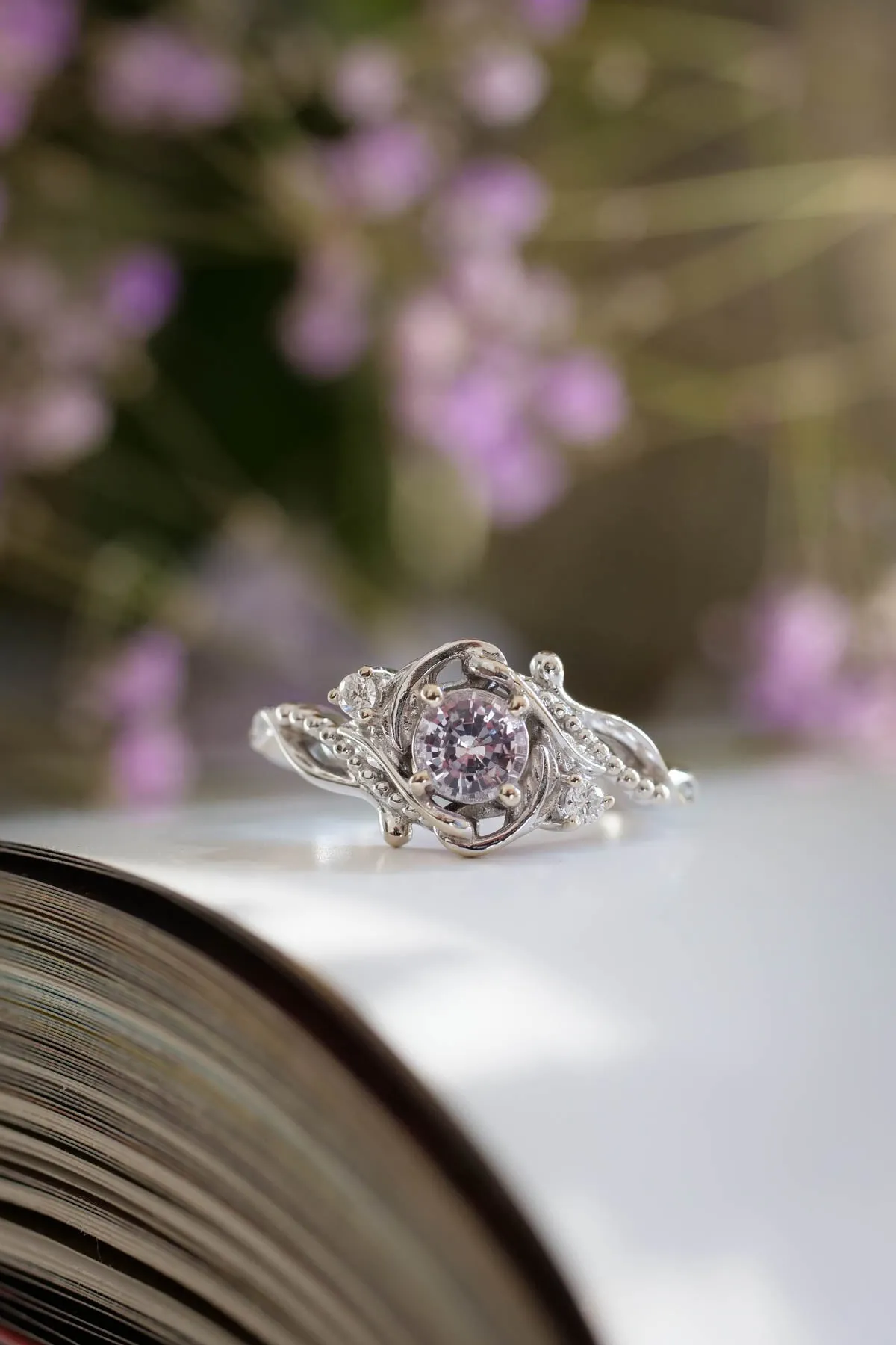 READY TO SHIP: Undina in 14K white gold, natural pink sapphire, 5 mm, moissanites, RING SIZE 7 US