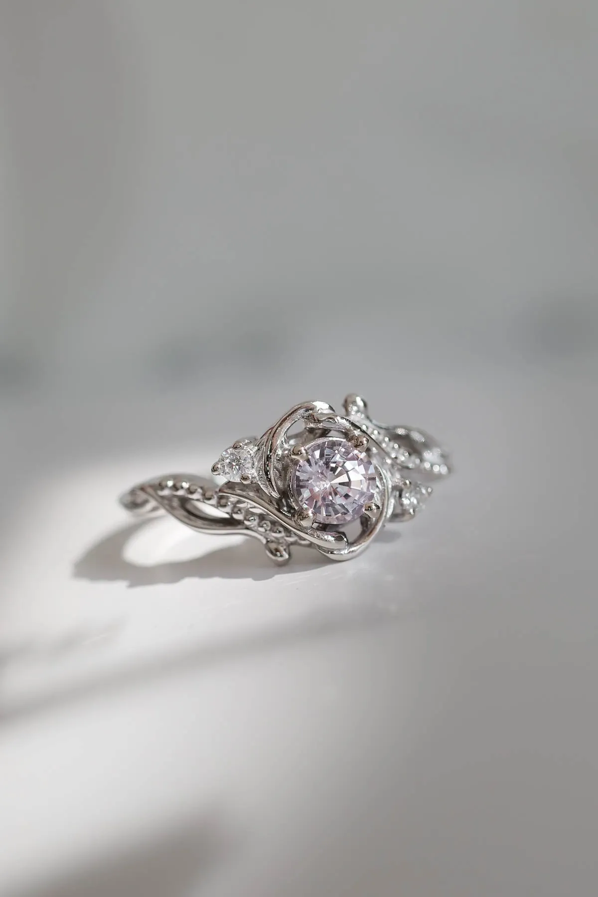 READY TO SHIP: Undina in 14K white gold, natural pink sapphire, 5 mm, moissanites, RING SIZE 7 US