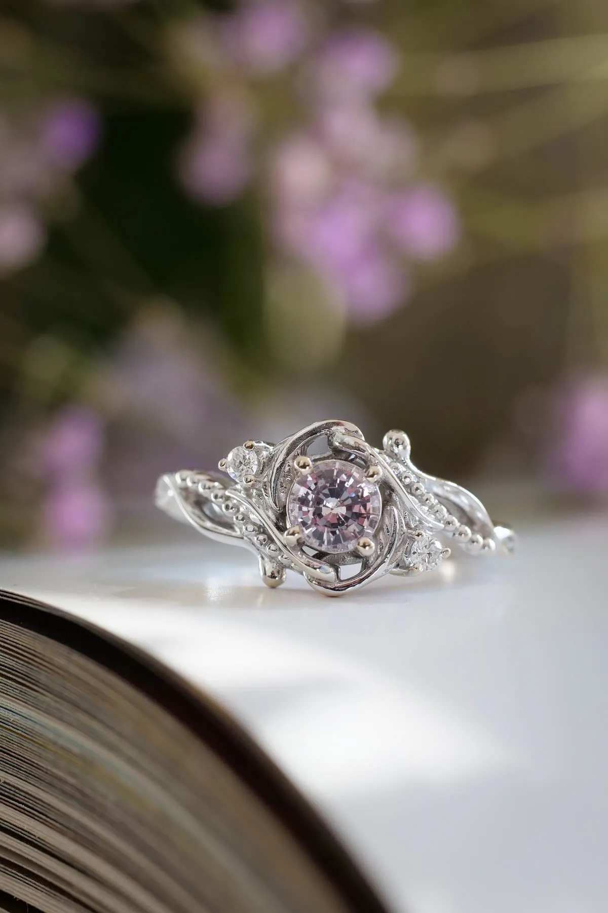 READY TO SHIP: Undina in 14K white gold, natural pink sapphire, 5 mm, moissanites, RING SIZE 7 US