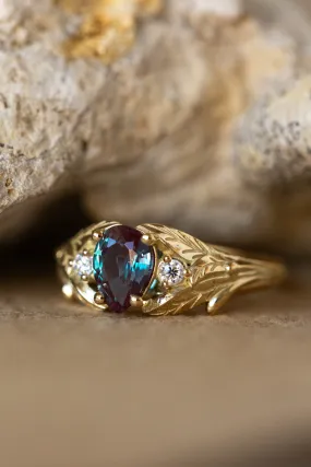 READY TO SHIP: Wisteria in 14K yellow gold, pear alexandrite 7x5 mm, moissanites, RING SIZE 4.5-6.5US