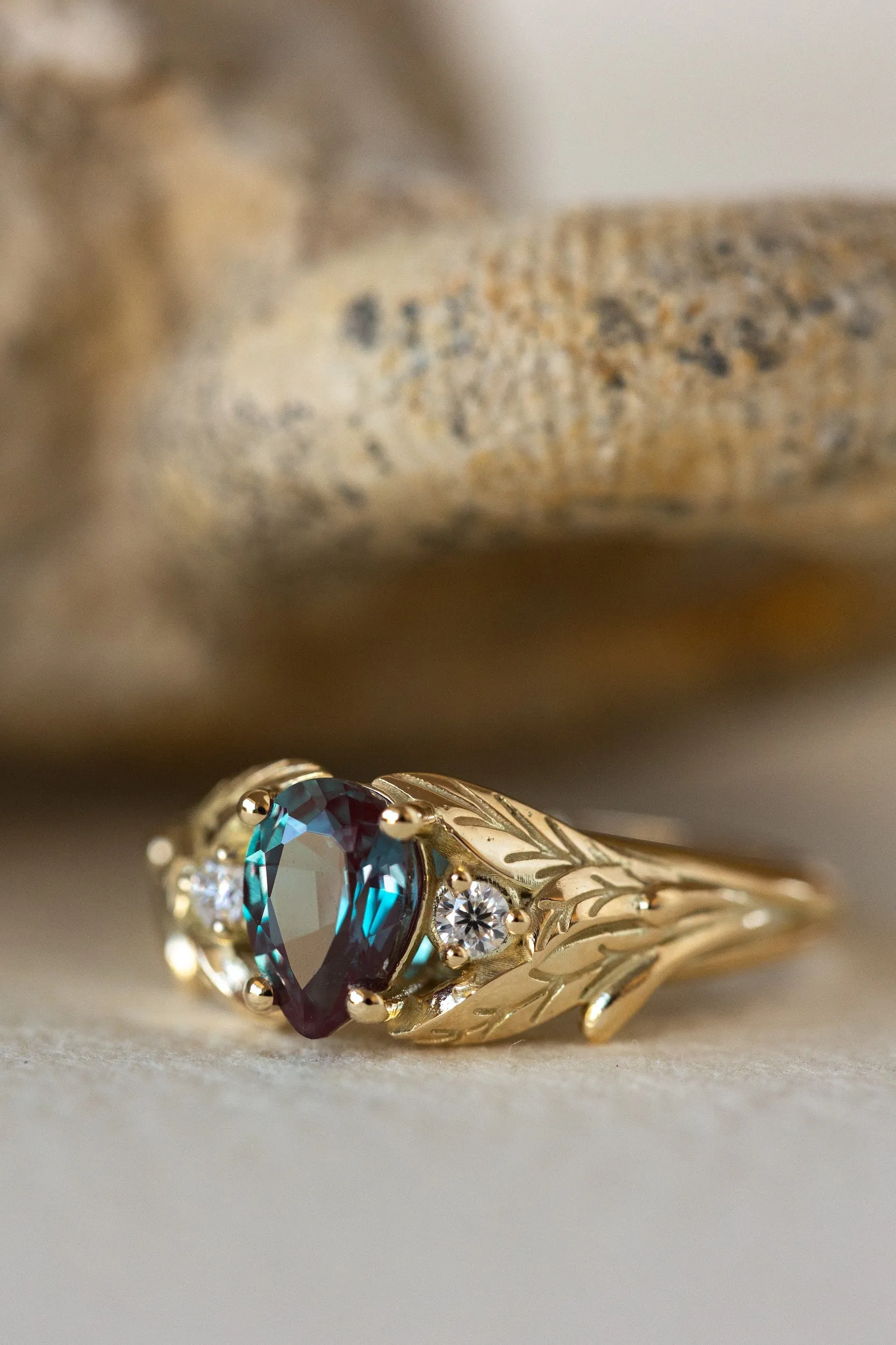 READY TO SHIP: Wisteria in 14K yellow gold, pear alexandrite 7x5 mm, moissanites, RING SIZE 4.5-6.5US