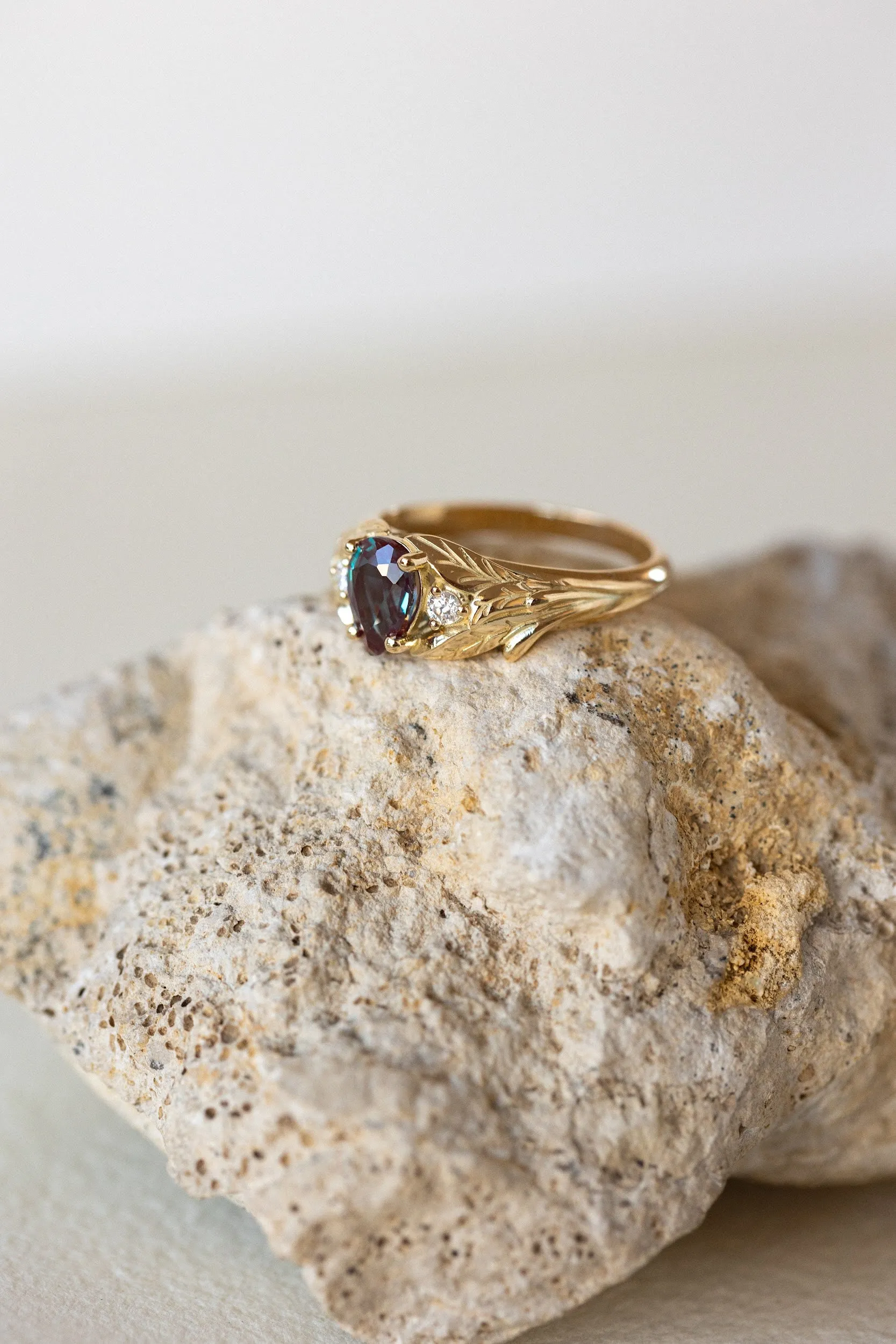 READY TO SHIP: Wisteria in 14K yellow gold, pear alexandrite 7x5 mm, moissanites, RING SIZE 4.5-6.5US