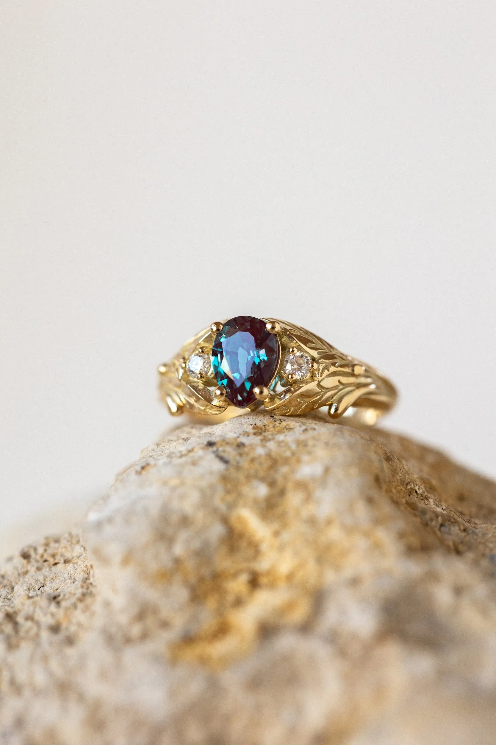 READY TO SHIP: Wisteria in 14K yellow gold, pear alexandrite 7x5 mm, moissanites, RING SIZE 4.5-6.5US