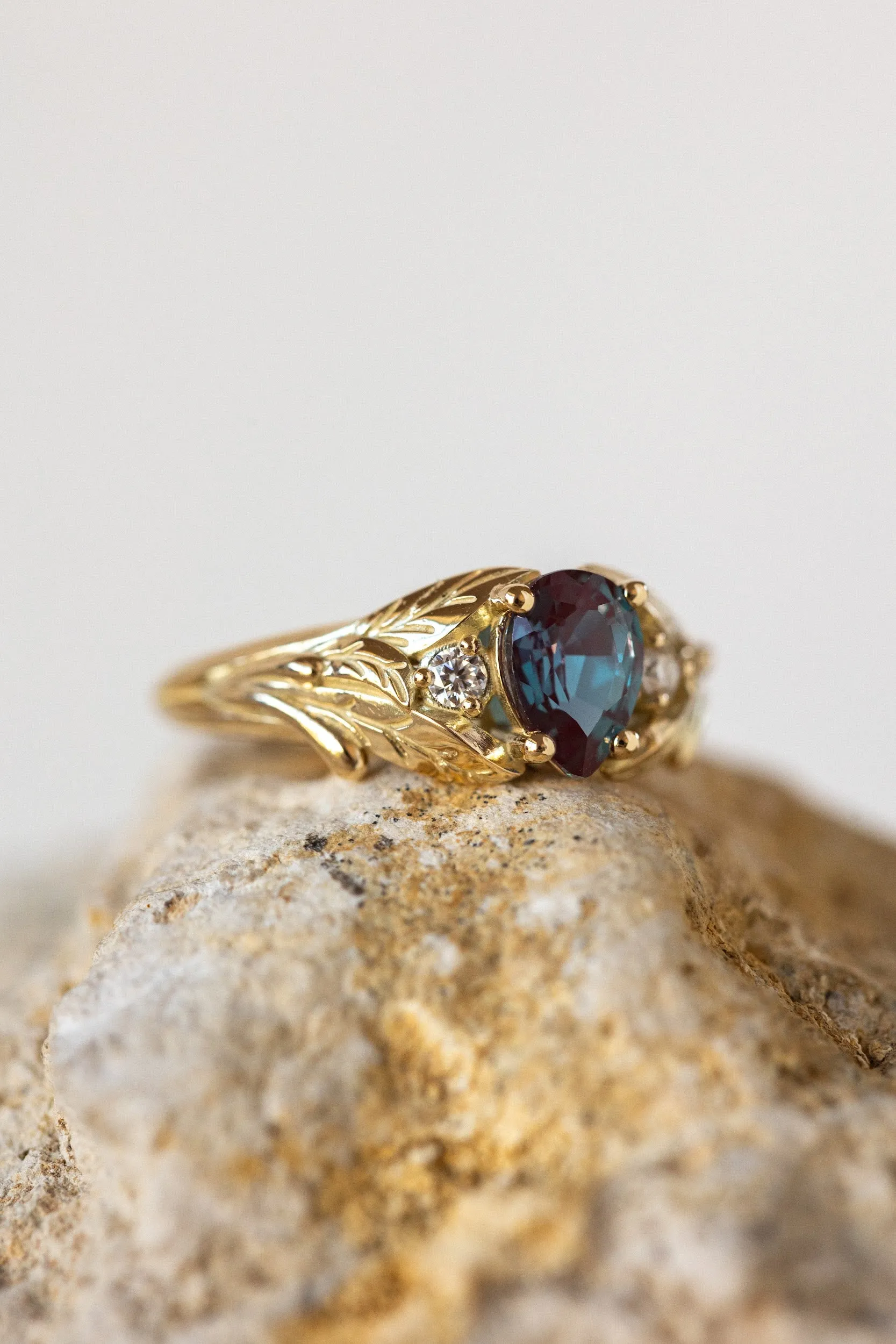 READY TO SHIP: Wisteria in 14K yellow gold, pear alexandrite 7x5 mm, moissanites, RING SIZE 4.5-6.5US