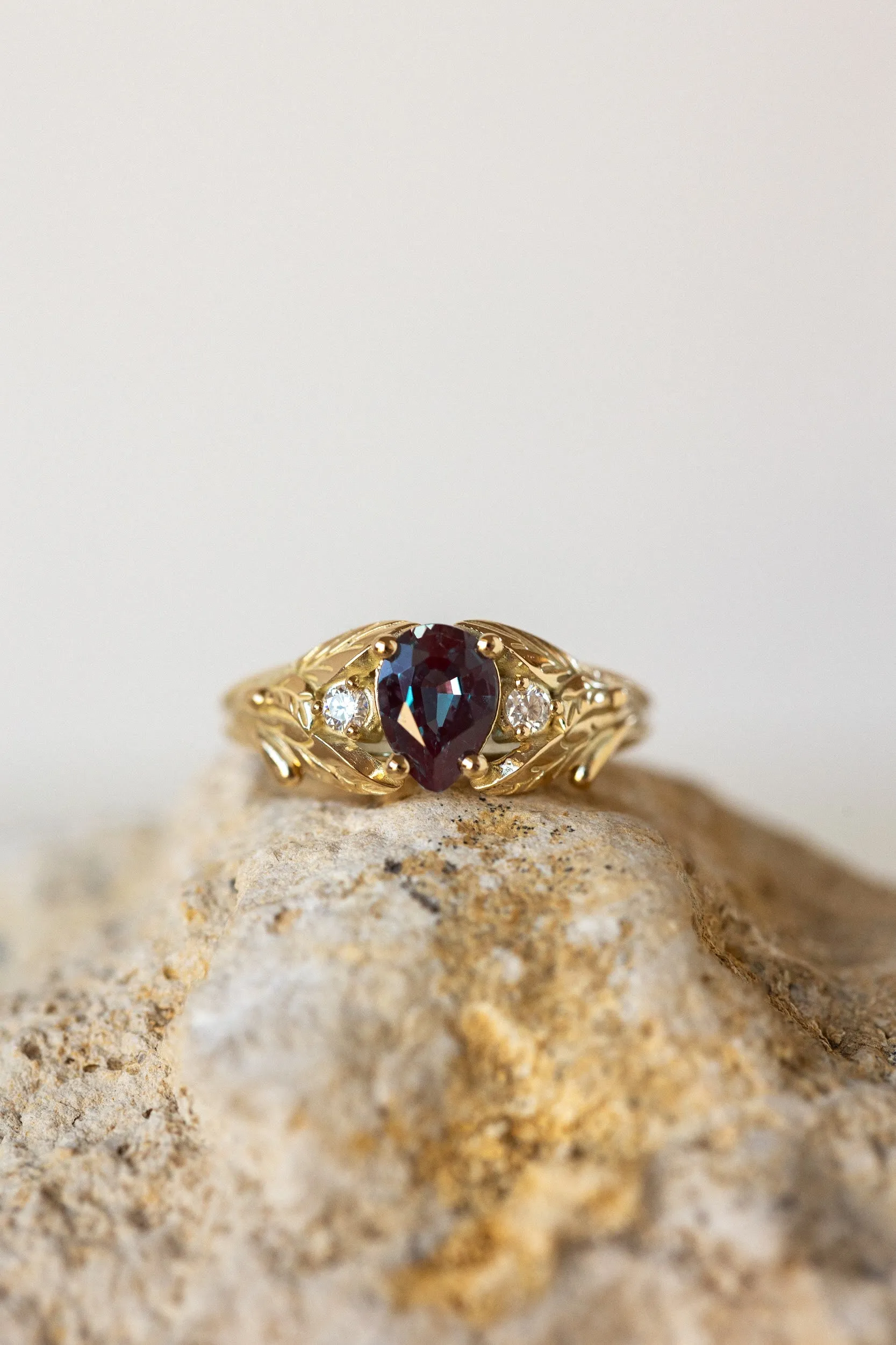 READY TO SHIP: Wisteria in 14K yellow gold, pear alexandrite 7x5 mm, moissanites, RING SIZE 4.5-6.5US