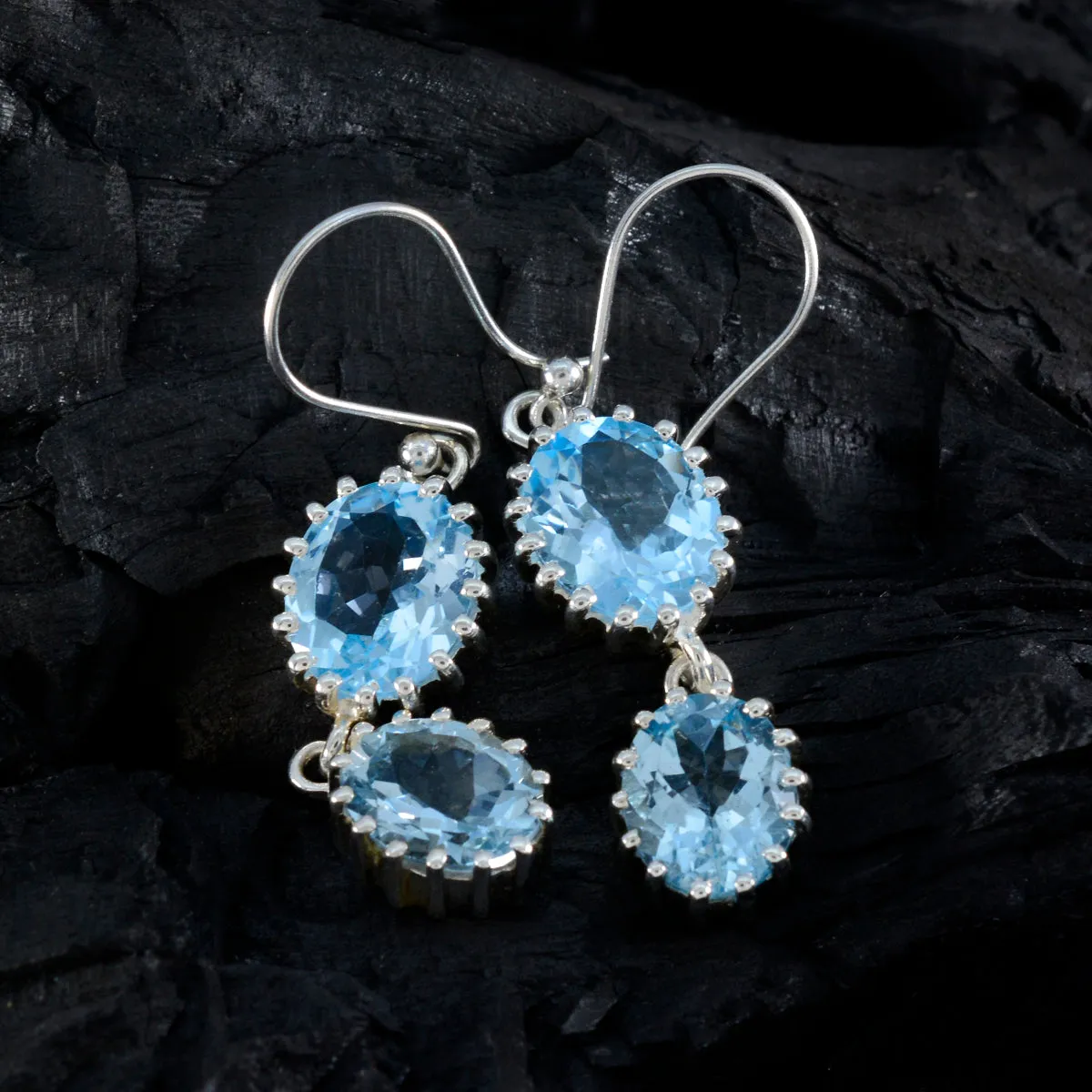 Riyo Drop-Dead Gorgeous 925 Sterling Silver Earring For Wife Blue Topaz Earring Bezel Setting Blue Earring Dangle Earring