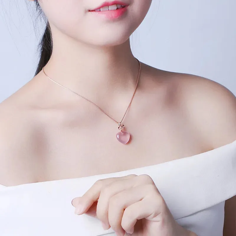 Rose Quartz Pink Heart Crystal Pendant Necklace