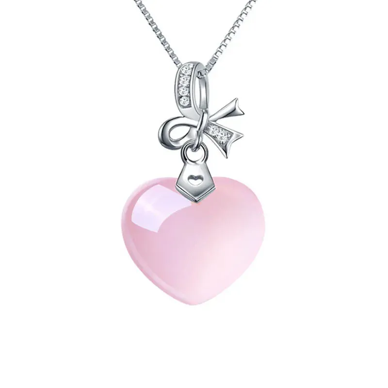 Rose Quartz Pink Heart Crystal Pendant Necklace