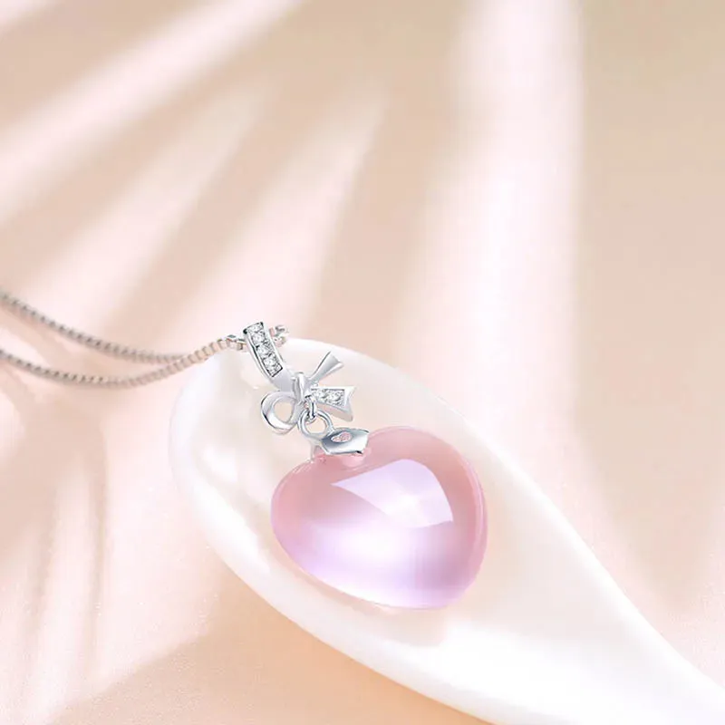 Rose Quartz Pink Heart Crystal Pendant Necklace