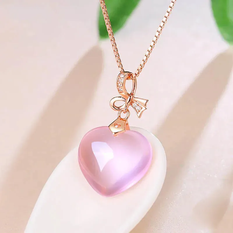 Rose Quartz Pink Heart Crystal Pendant Necklace