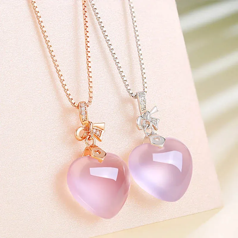 Rose Quartz Pink Heart Crystal Pendant Necklace