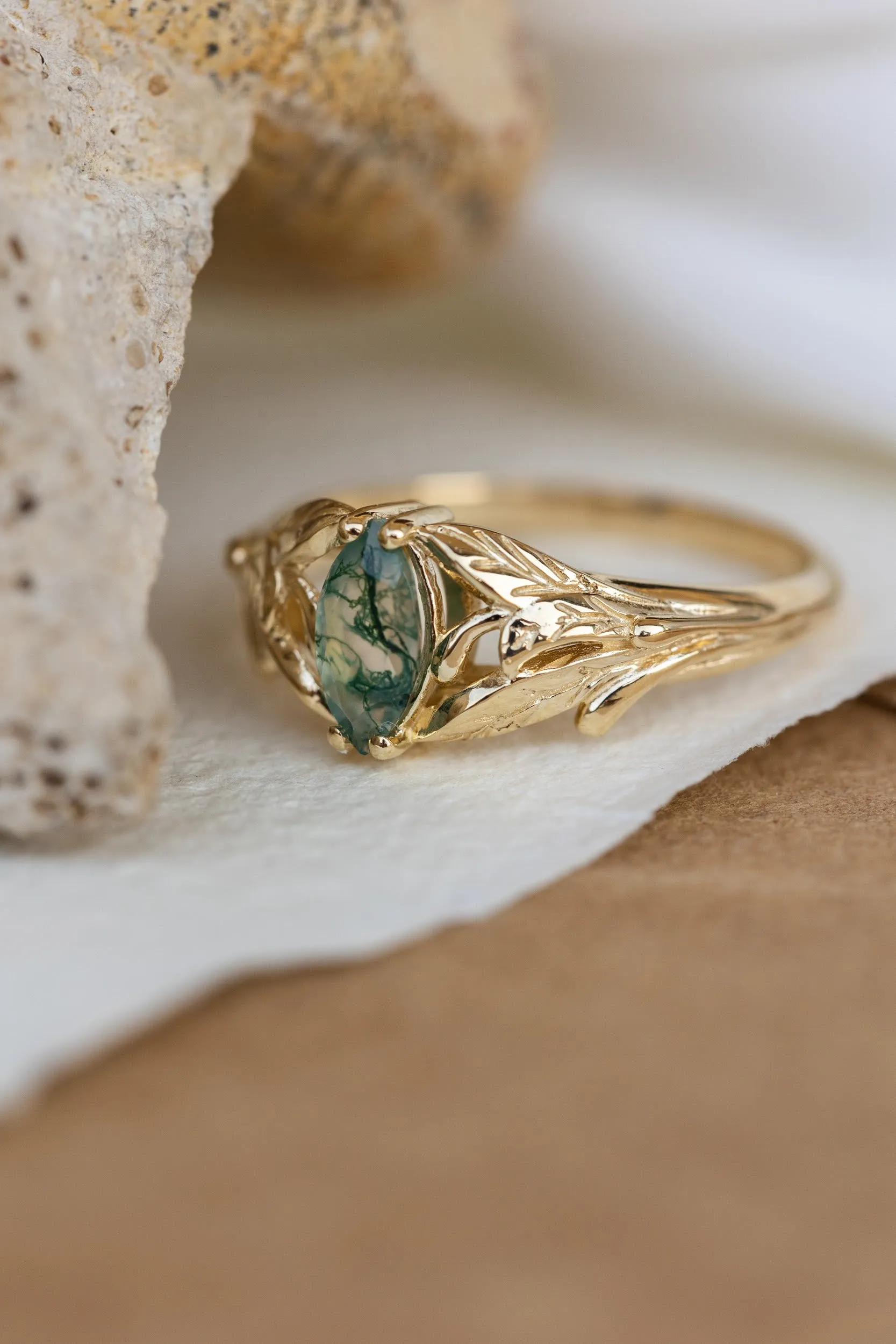 Rutile moss agate engagement ring, gold ring with marquise cut gemstone / Wisteria