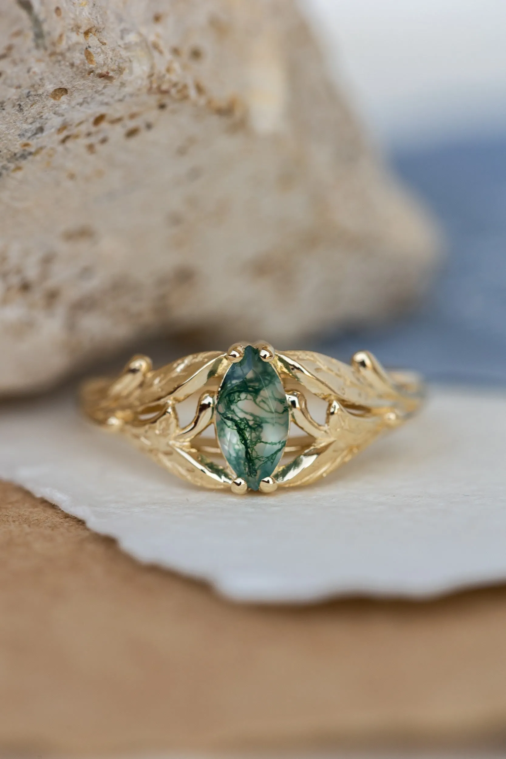 Rutile moss agate engagement ring, gold ring with marquise cut gemstone / Wisteria