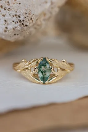 Rutile moss agate engagement ring, gold ring with marquise cut gemstone / Wisteria