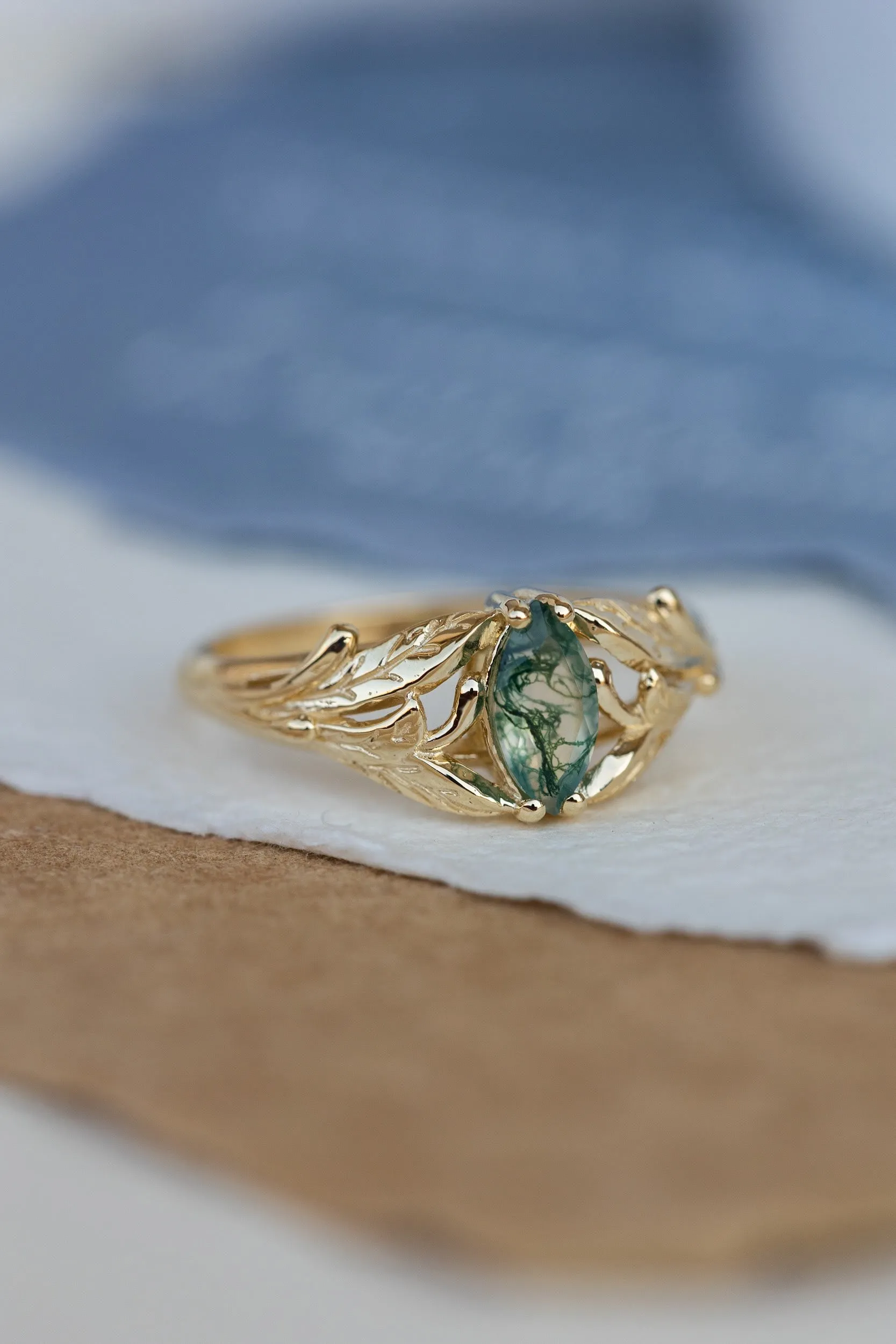 Rutile moss agate engagement ring, gold ring with marquise cut gemstone / Wisteria