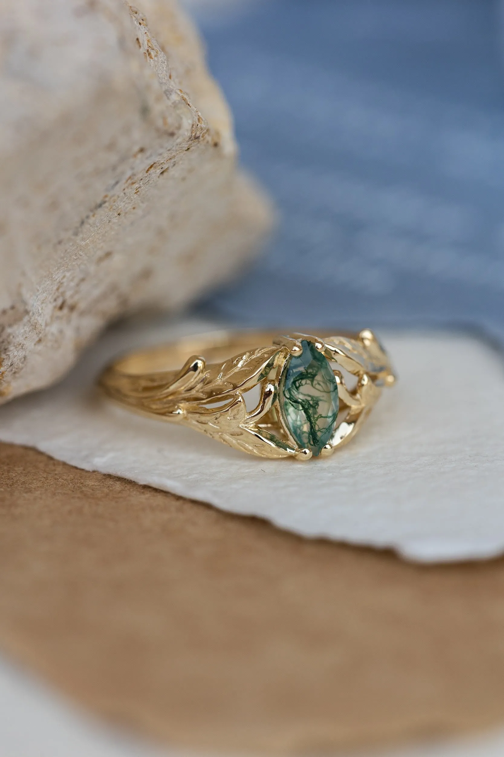 Rutile moss agate engagement ring, gold ring with marquise cut gemstone / Wisteria