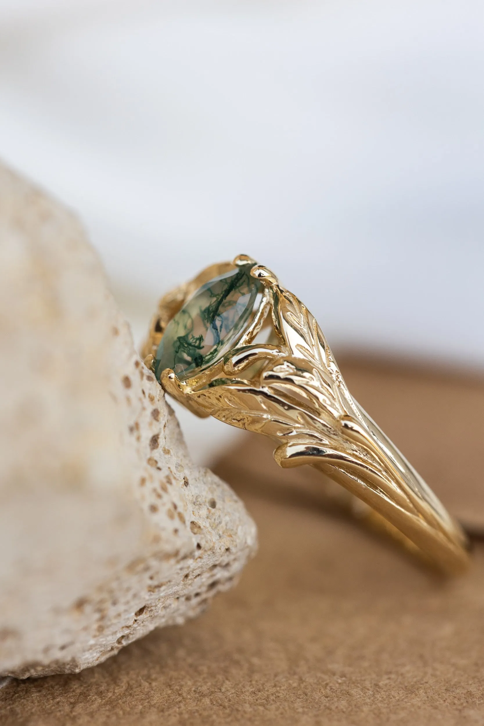 Rutile moss agate engagement ring, gold ring with marquise cut gemstone / Wisteria