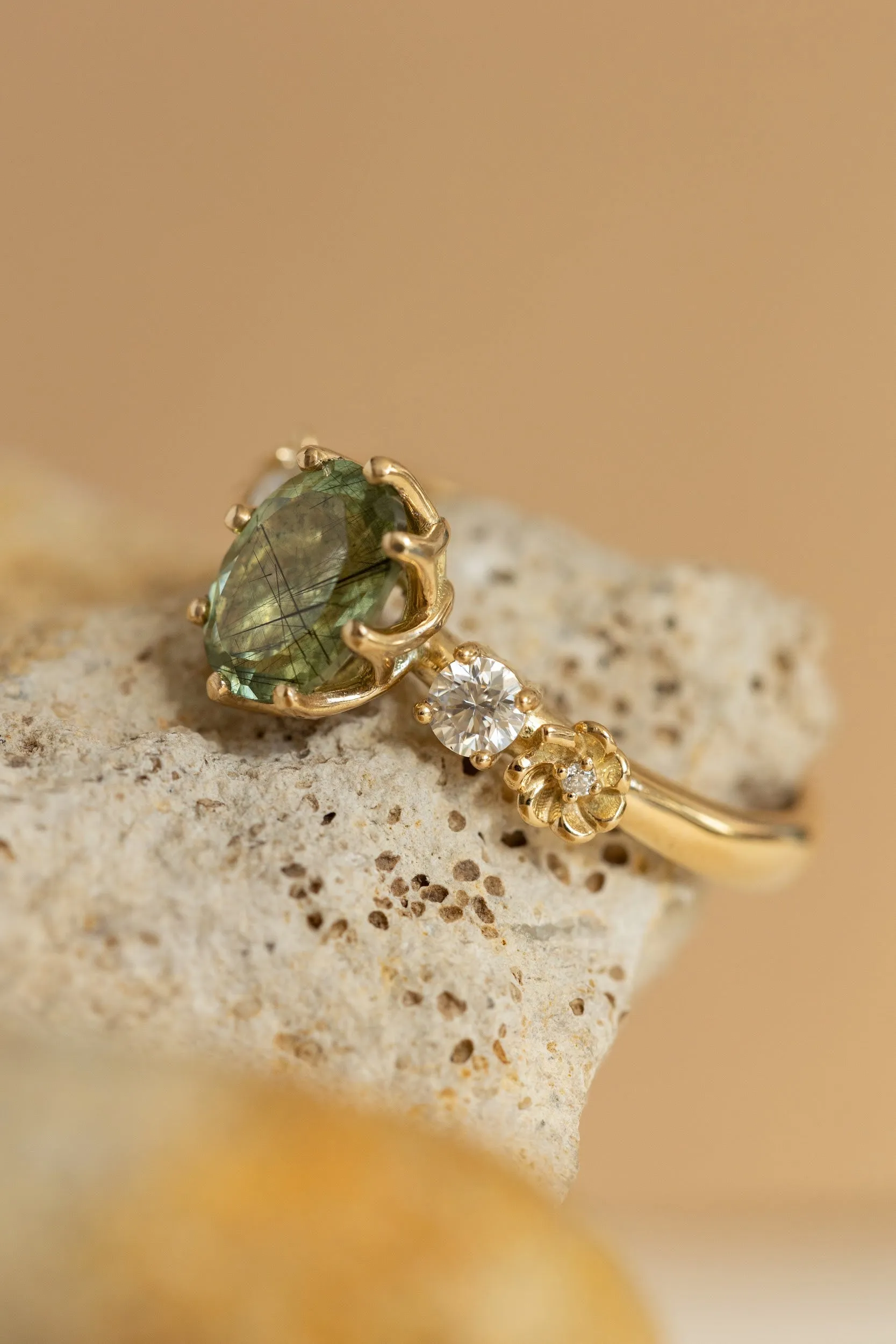 Rutile peridot engagement ring, flower engagement ring with diamonds / Fiorella