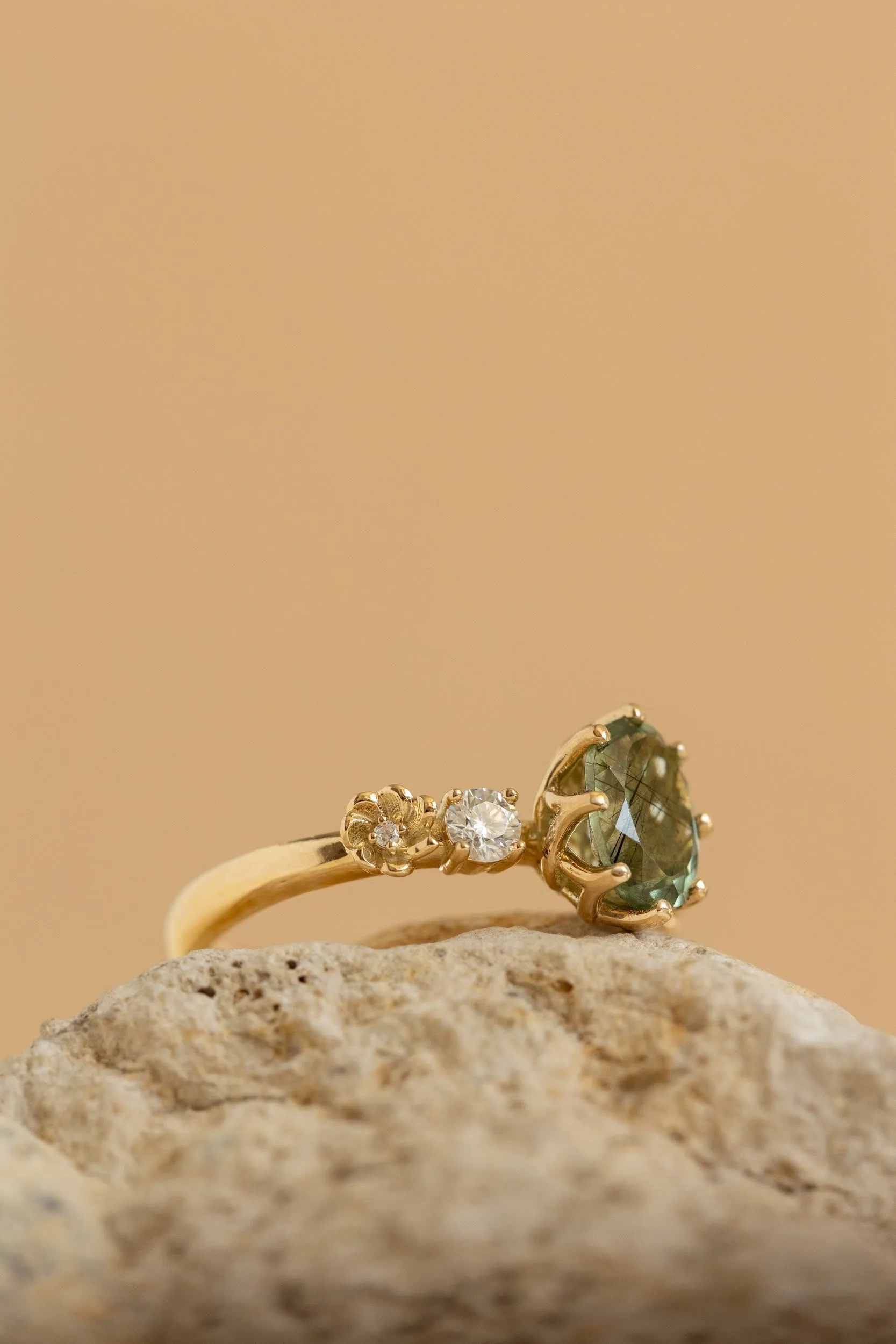 Rutile peridot engagement ring, flower engagement ring with diamonds / Fiorella