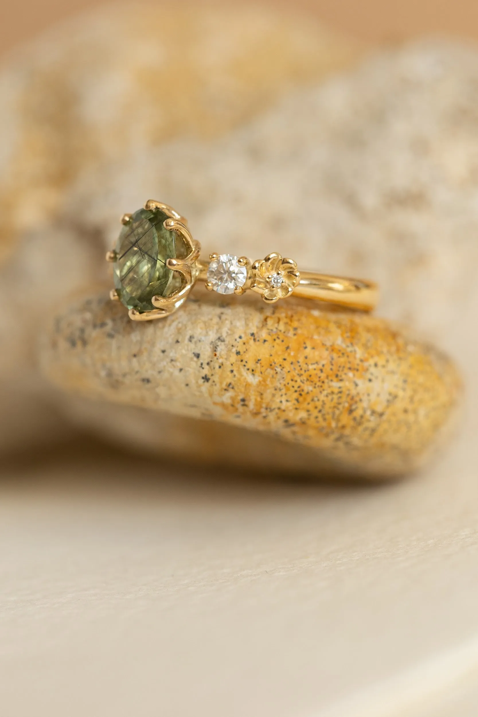 Rutile peridot engagement ring, flower engagement ring with diamonds / Fiorella