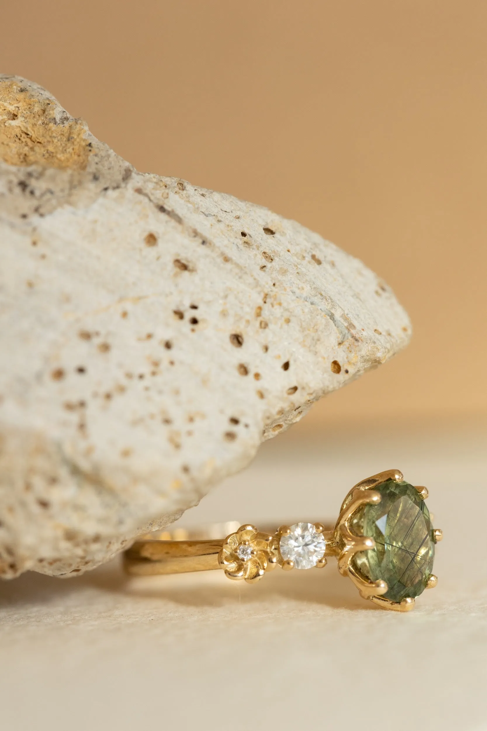 Rutile peridot engagement ring, flower engagement ring with diamonds / Fiorella