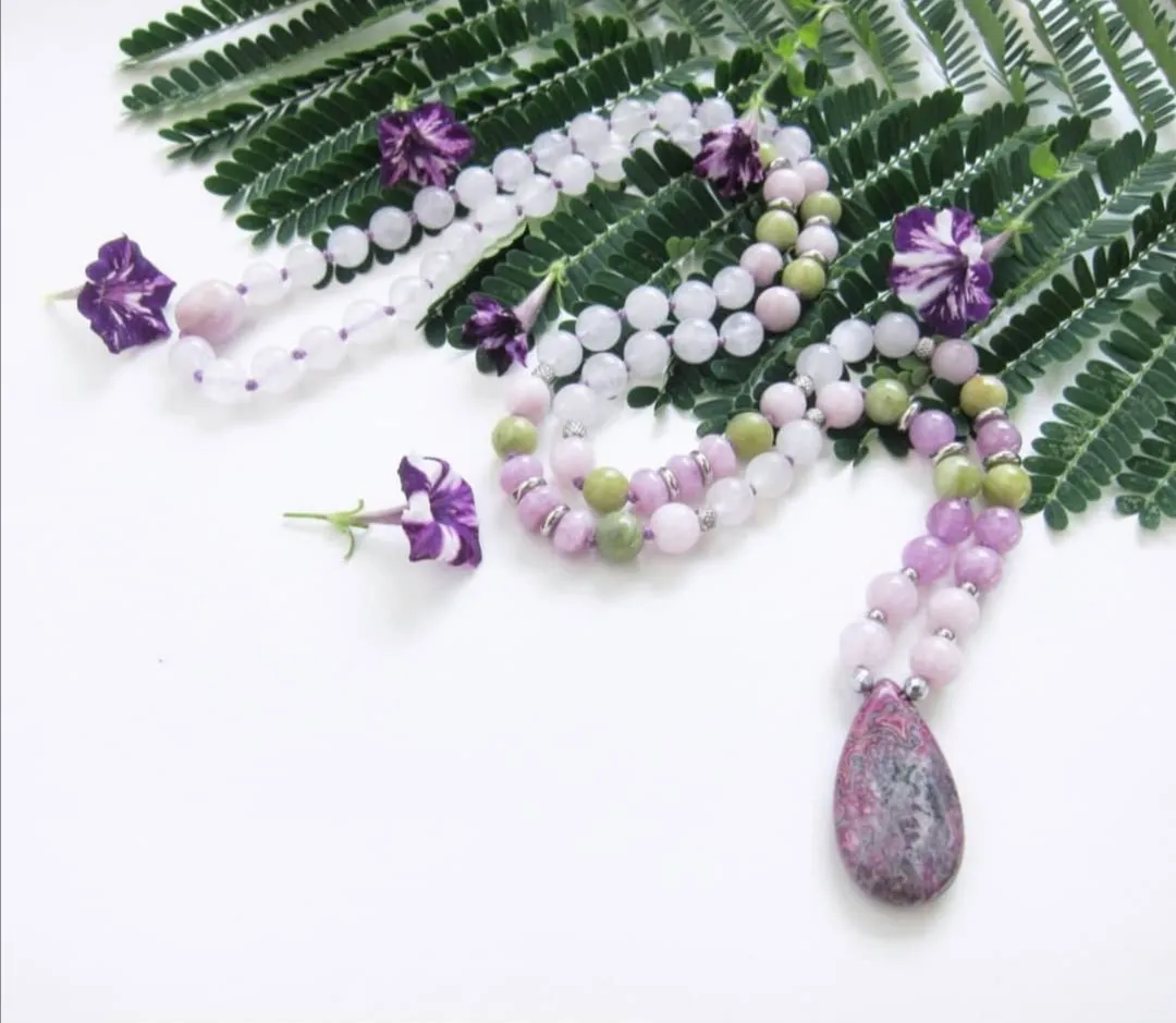 SALE - Bohemian Selenite, Kunzite Mala Beaded Jasper Pendant Necklace