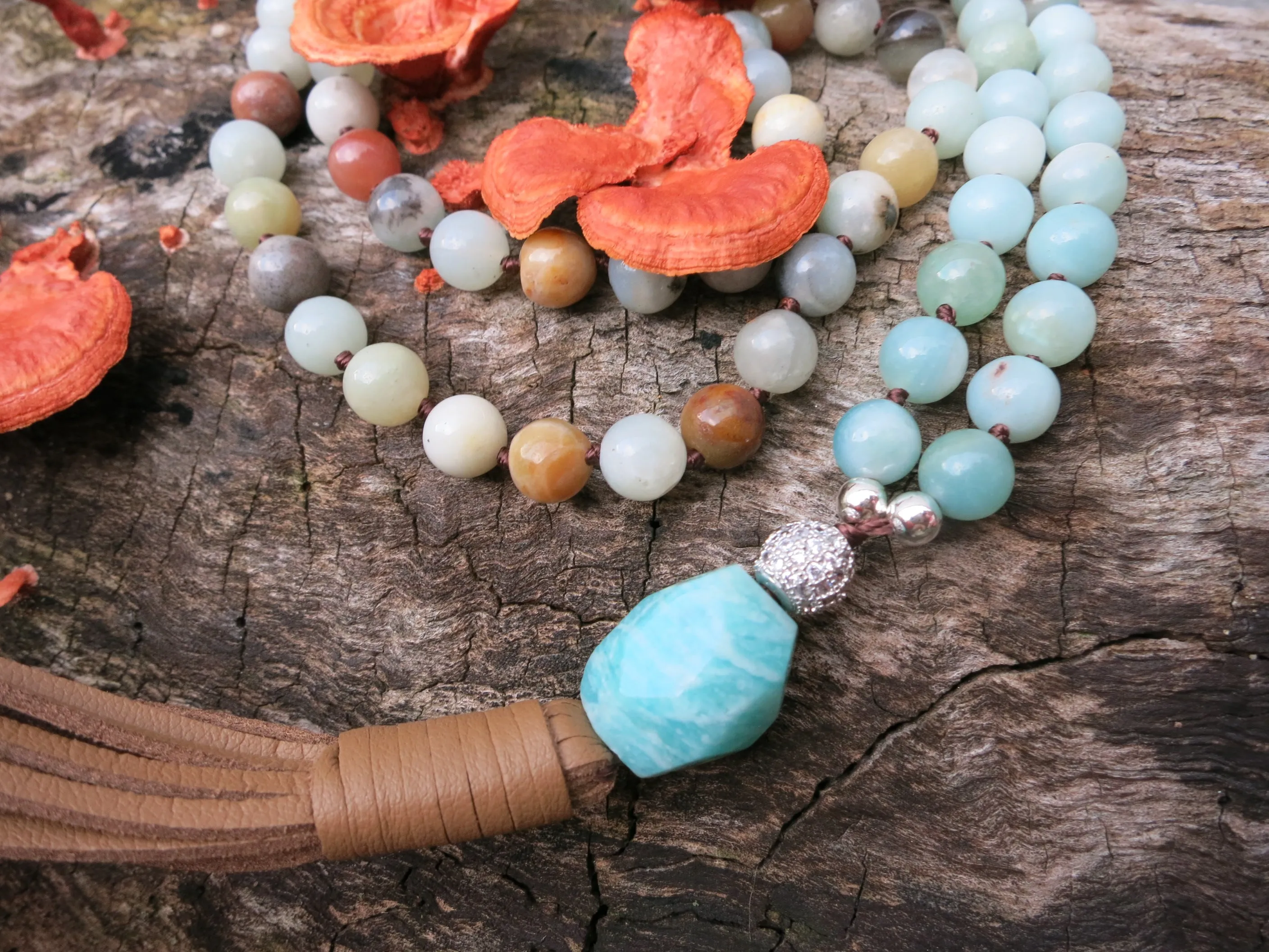 SALE - Long Amazonite Boho Tassel Leather Necklace