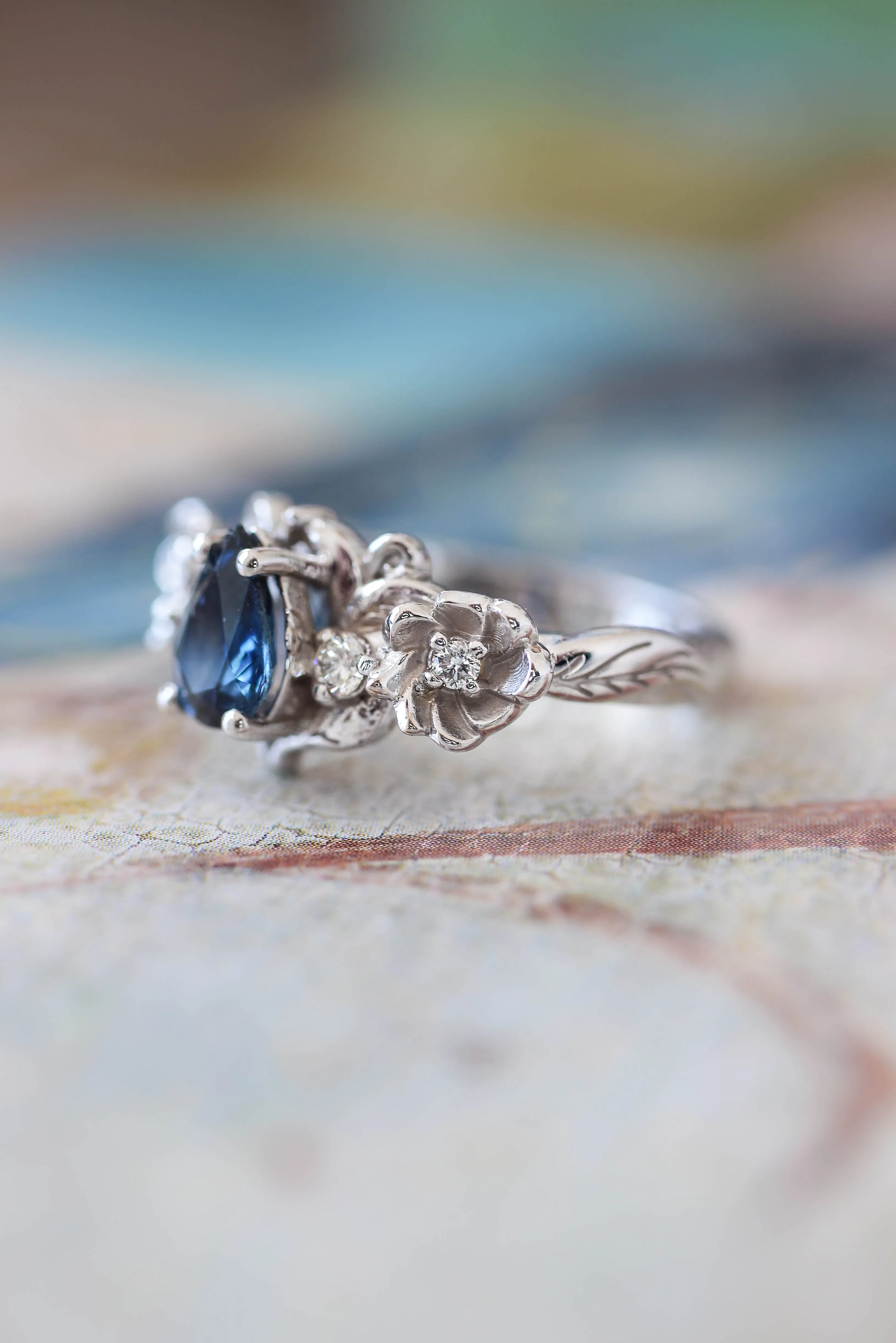 Sapphire and diamonds ring, flower engagement ring / Adelina