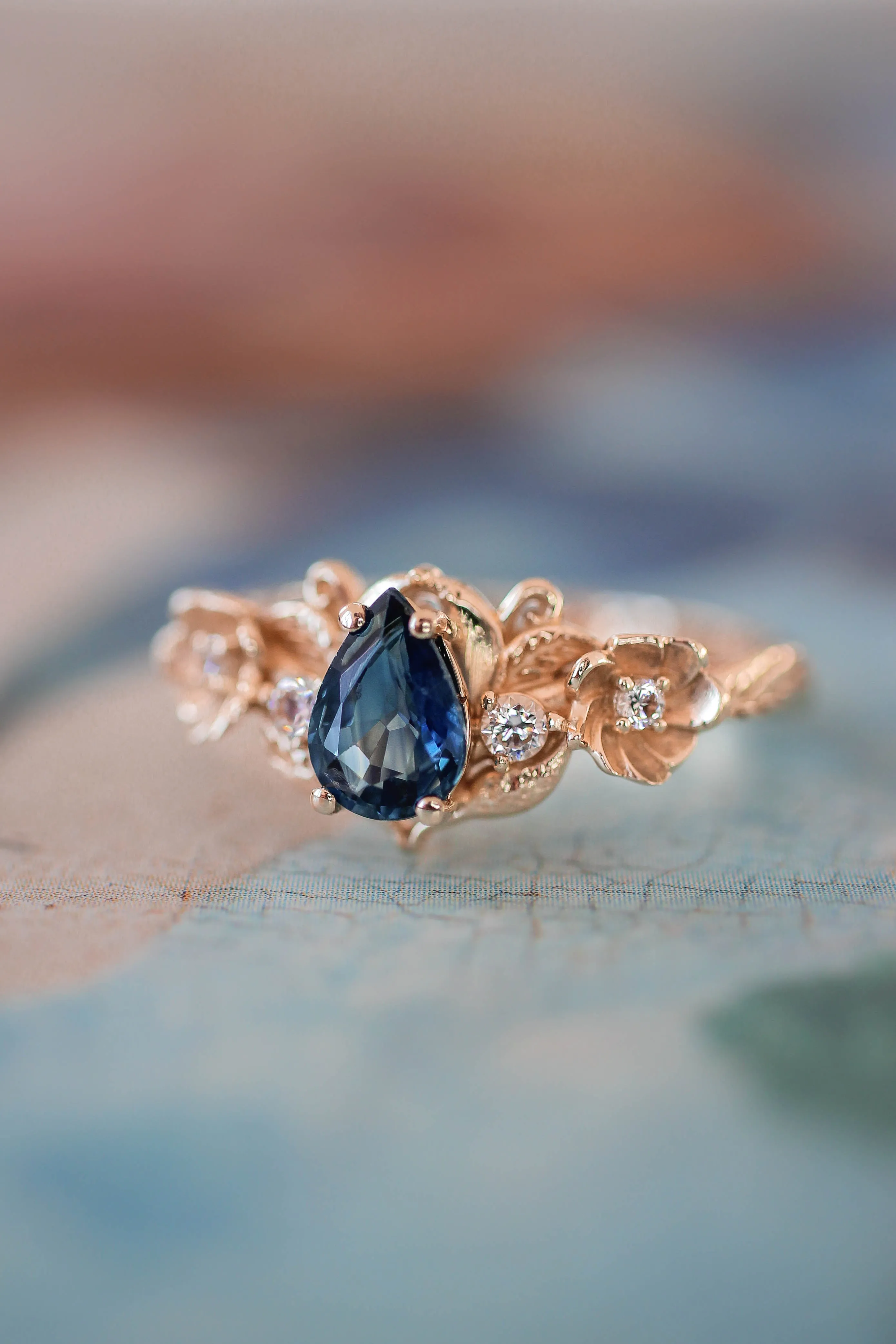 Sapphire and diamonds ring, flower engagement ring / Adelina