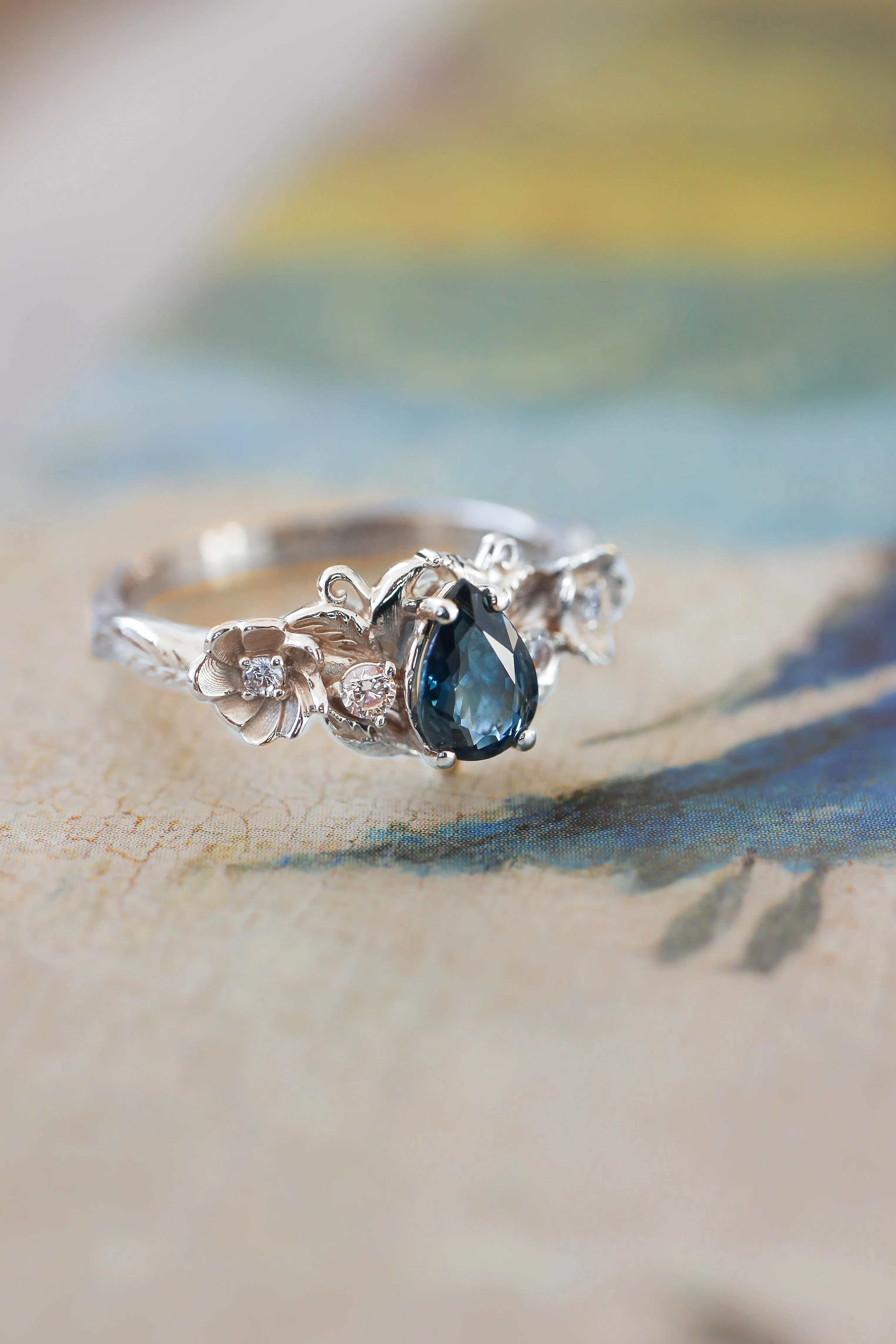 Sapphire and diamonds ring, flower engagement ring / Adelina