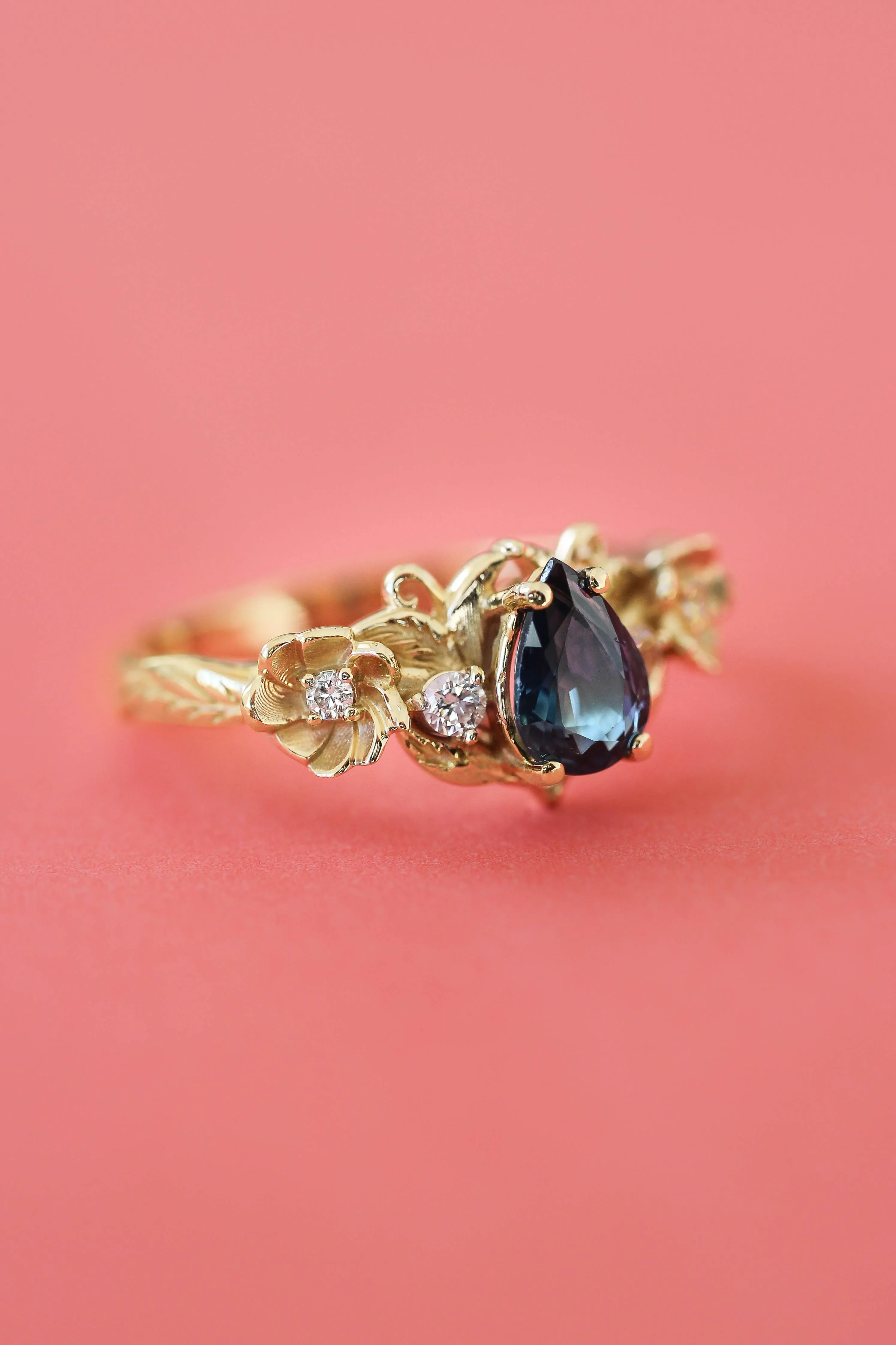 Sapphire and diamonds ring, flower engagement ring / Adelina